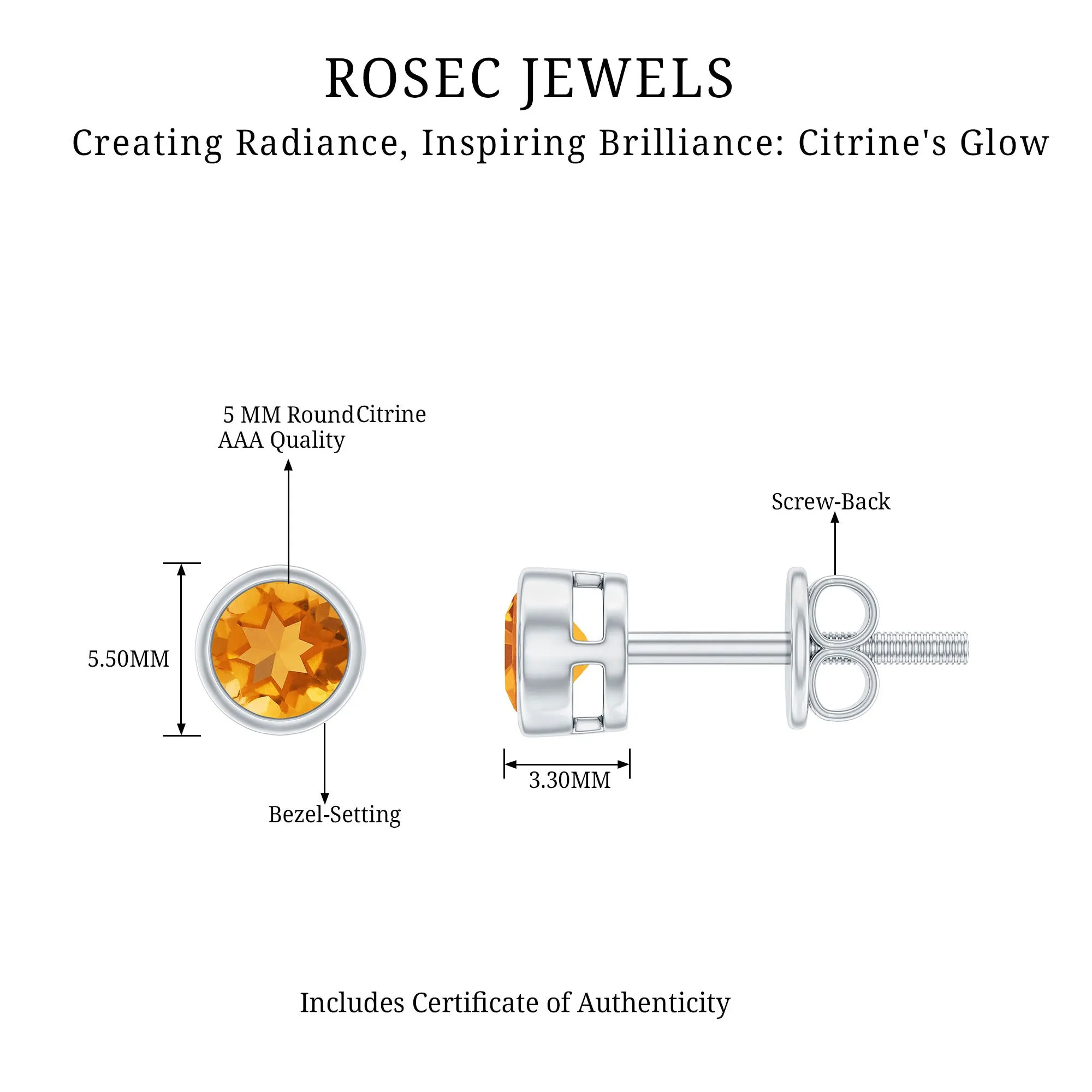 1 CT Genuine Citrine Solitaire Stud Earrings in Bezel Setting