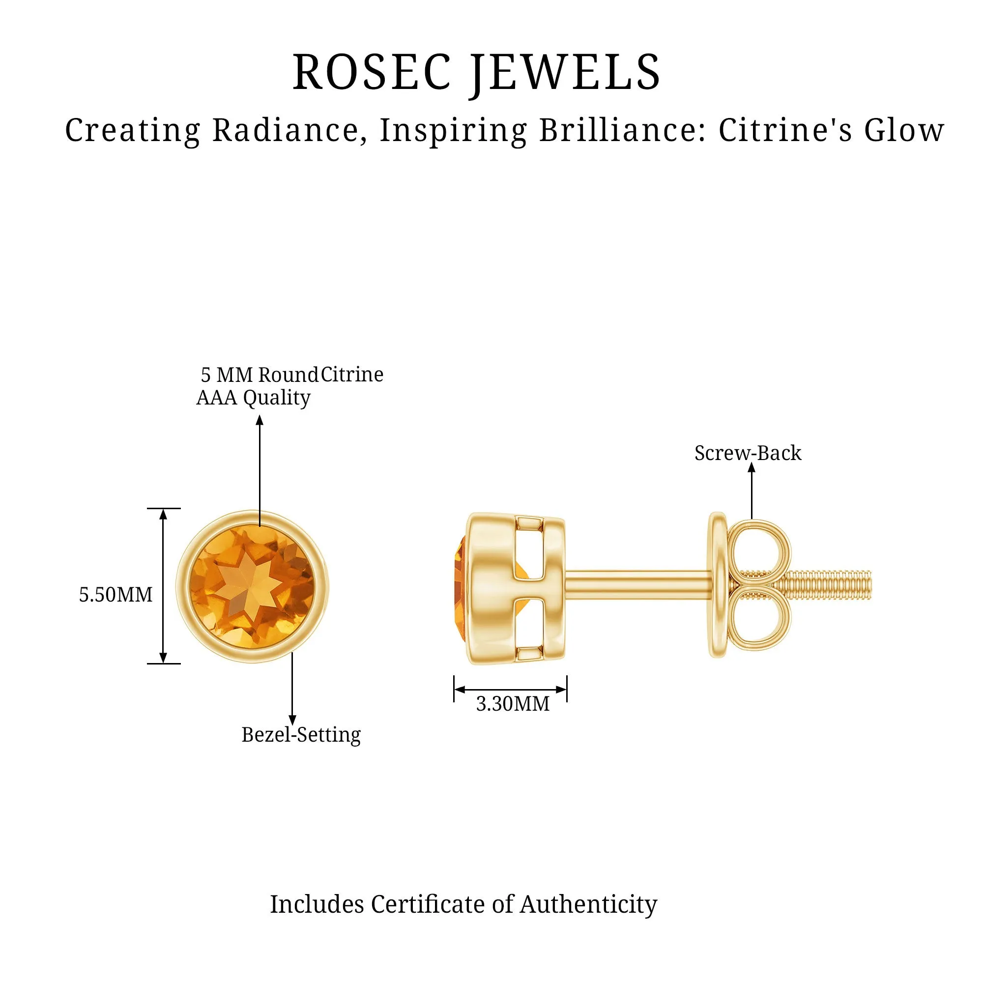 1 CT Genuine Citrine Solitaire Stud Earrings in Bezel Setting
