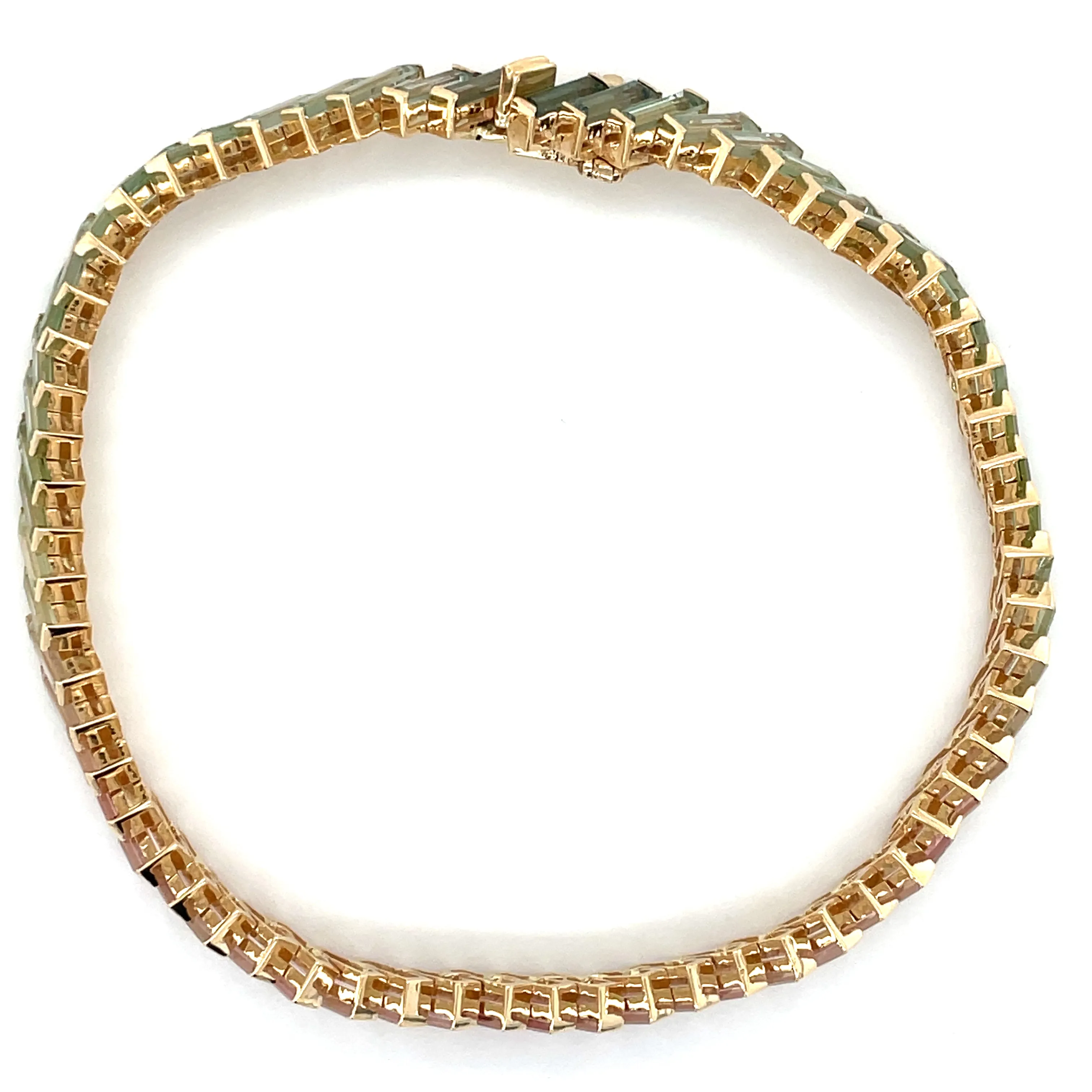 14ct Yellow Gold Earth Grown 11.84ct Pastel Rainbow Baguette Tourmaline Tennis Bracelet