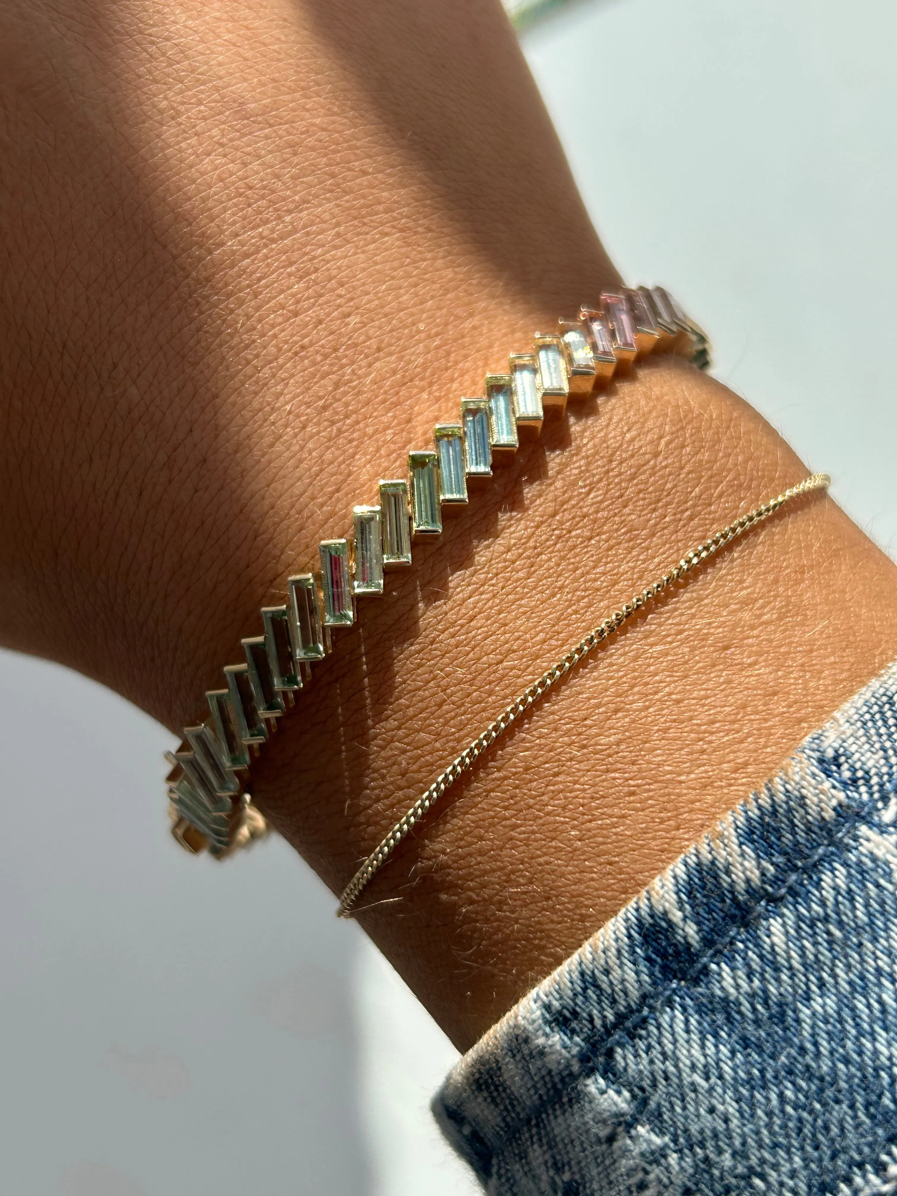 14ct Yellow Gold Earth Grown 11.84ct Pastel Rainbow Baguette Tourmaline Tennis Bracelet