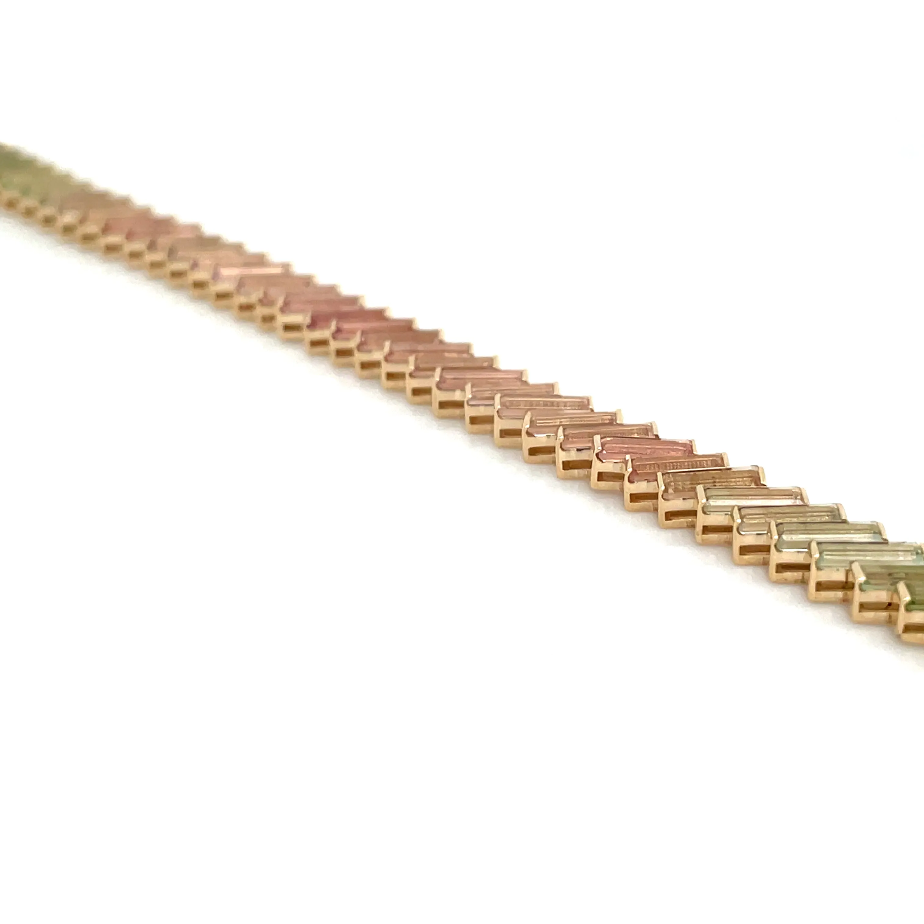 14ct Yellow Gold Earth Grown 11.84ct Pastel Rainbow Baguette Tourmaline Tennis Bracelet