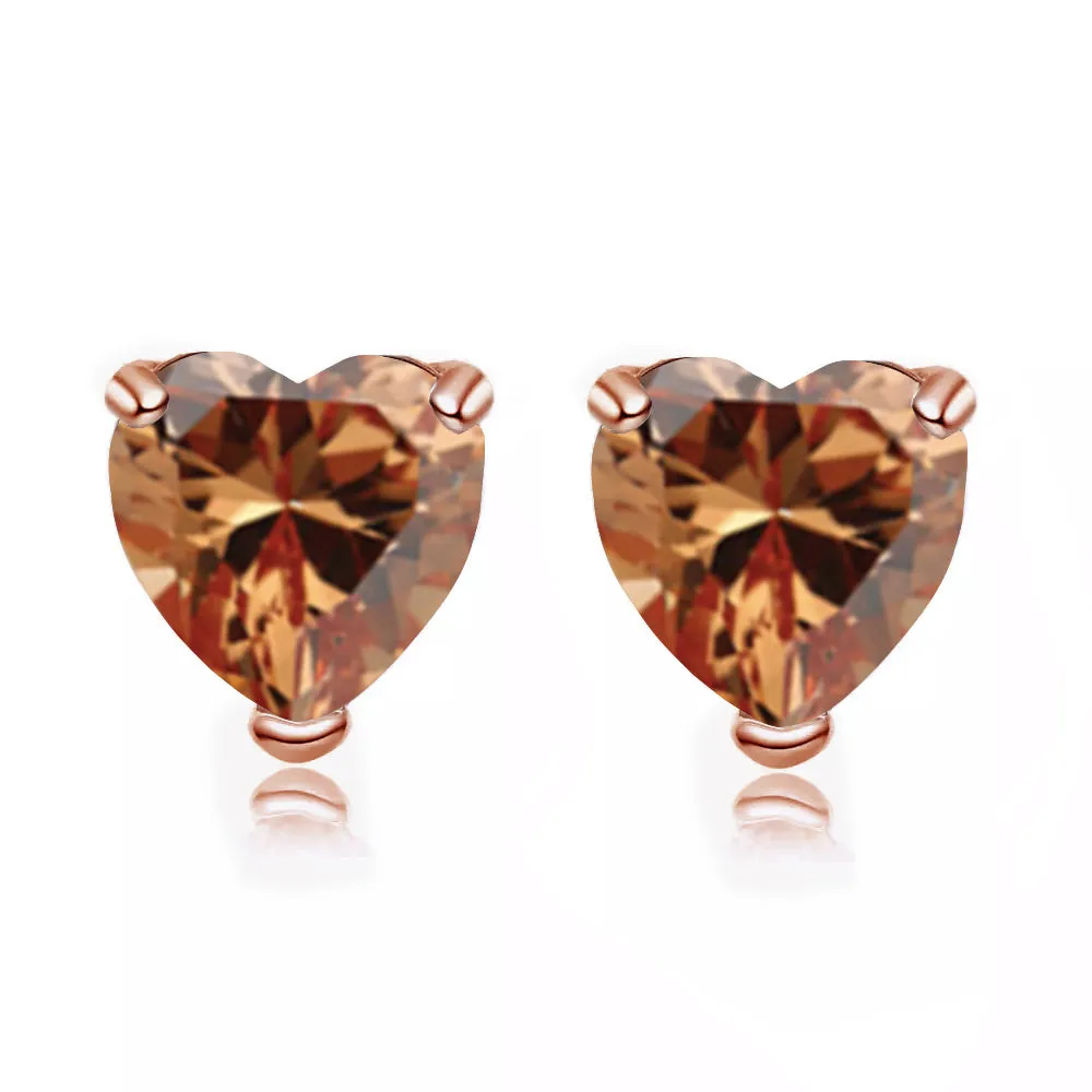 14k Rose Gold Plated 1/2 Carat Heart Created Citrine Sapphire Stud Earrings
