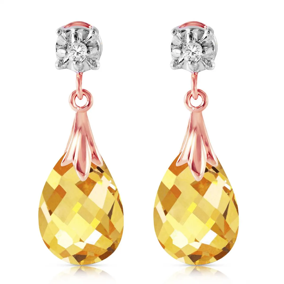 14K Solid Rose Gold Stud Earrings Diamond & Citrine