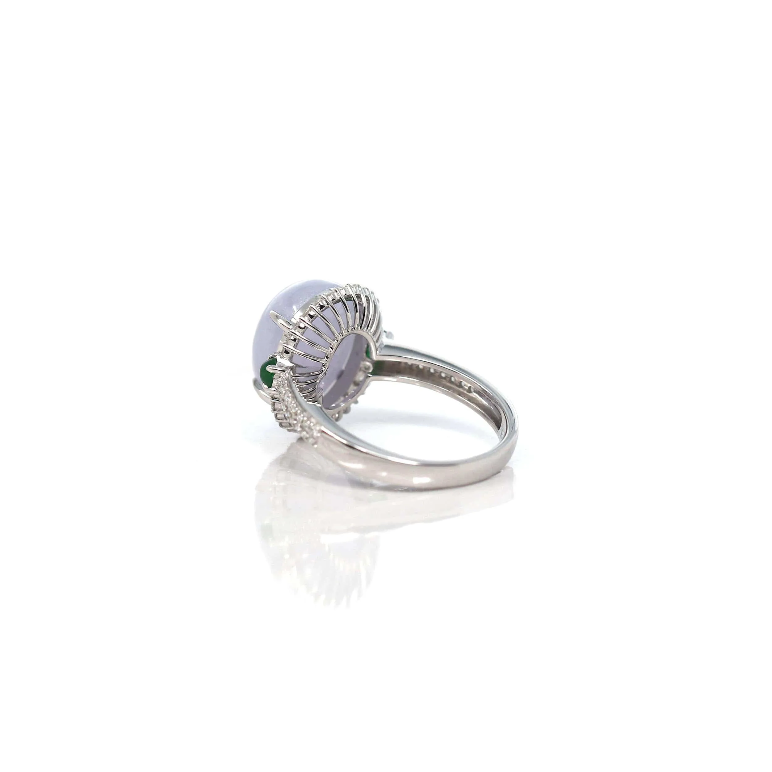 14k White Gold Natural Rich Lavender Oval Jadeite Jade Engagement Ring With Diamonds