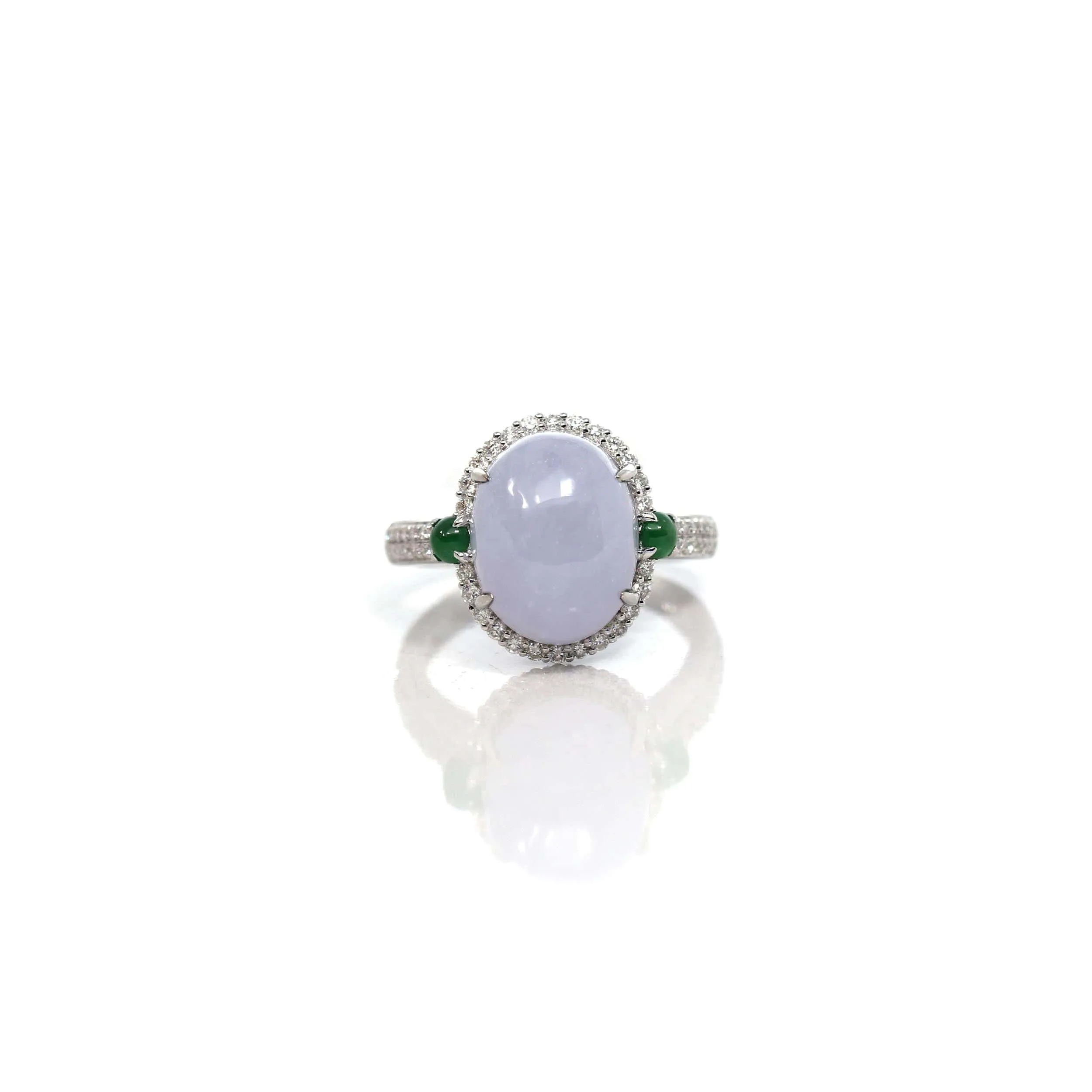 14k White Gold Natural Rich Lavender Oval Jadeite Jade Engagement Ring With Diamonds