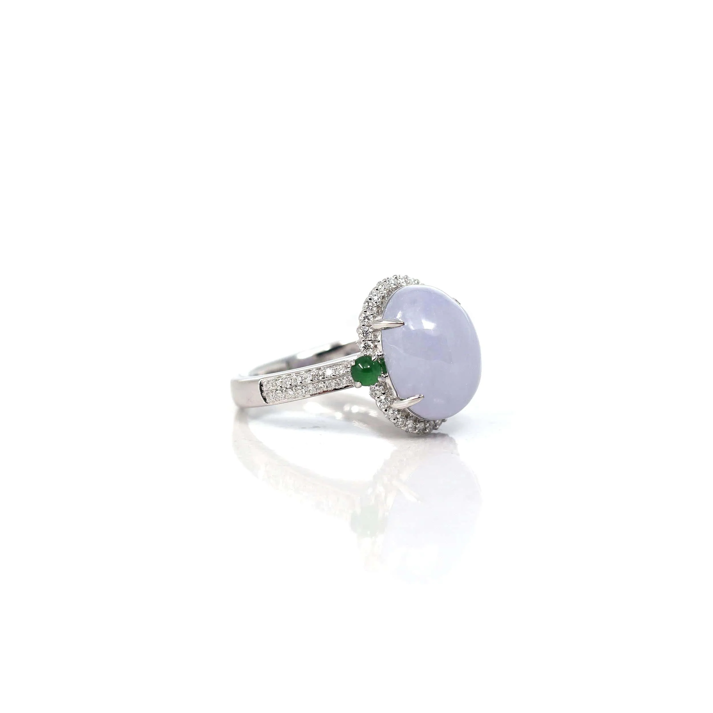 14k White Gold Natural Rich Lavender Oval Jadeite Jade Engagement Ring With Diamonds