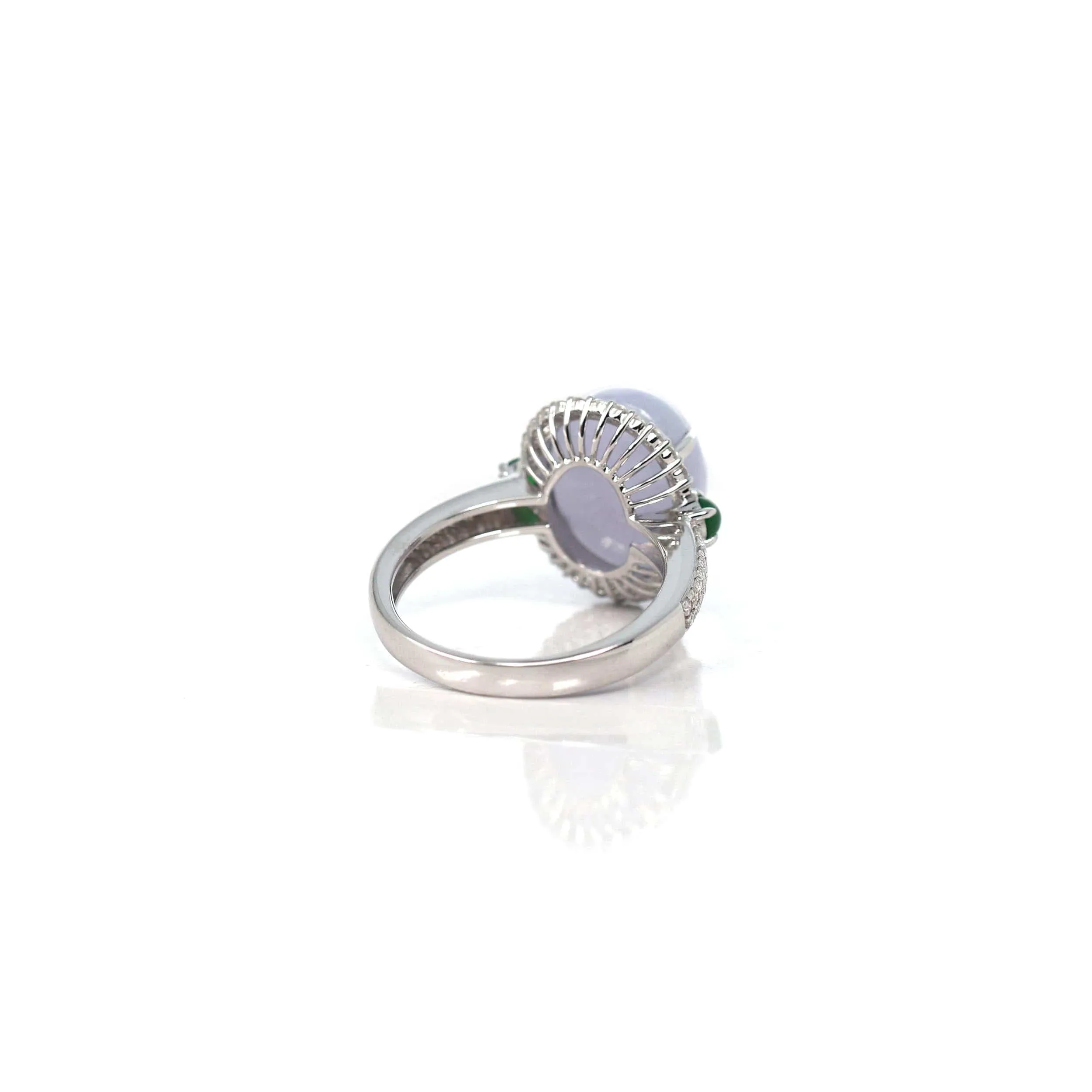 14k White Gold Natural Rich Lavender Oval Jadeite Jade Engagement Ring With Diamonds