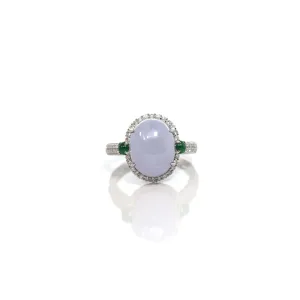 14k White Gold Natural Rich Lavender Oval Jadeite Jade Engagement Ring With Diamonds