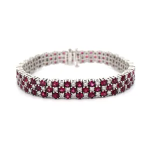 18K White Gold 3 Row Alternating Ruby and Diamond Bracelet
