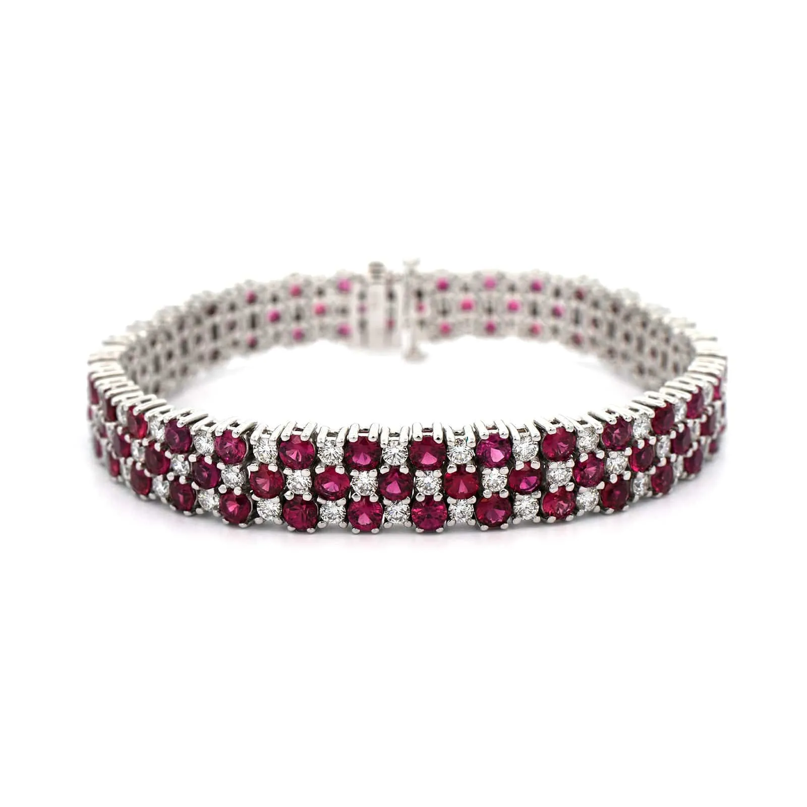 18K White Gold 3 Row Alternating Ruby and Diamond Bracelet
