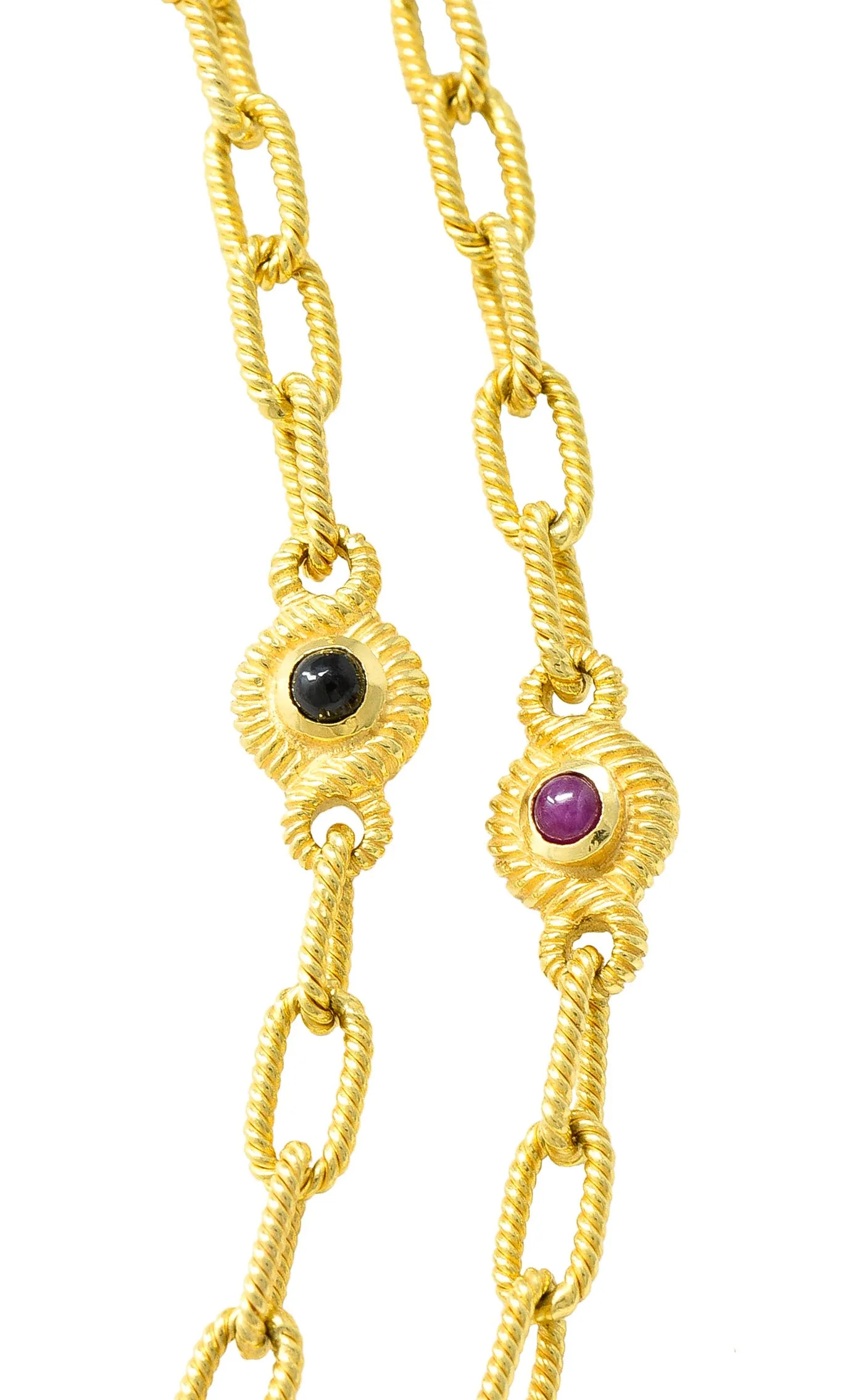 1980's Ruby Sapphire Cabochon 14 Karat Yellow Gold Twisted Rope Vintage Paperclip Chain Station Necklace Bracelet Set