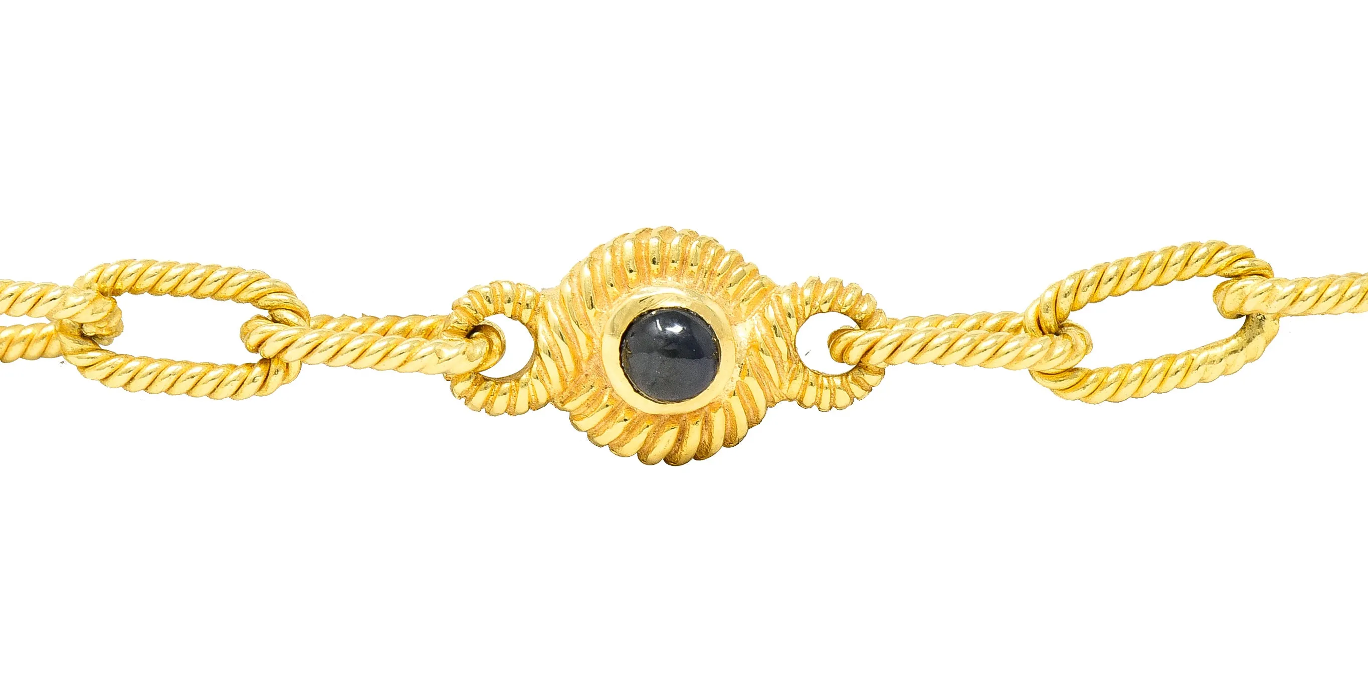 1980's Ruby Sapphire Cabochon 14 Karat Yellow Gold Twisted Rope Vintage Paperclip Chain Station Necklace Bracelet Set
