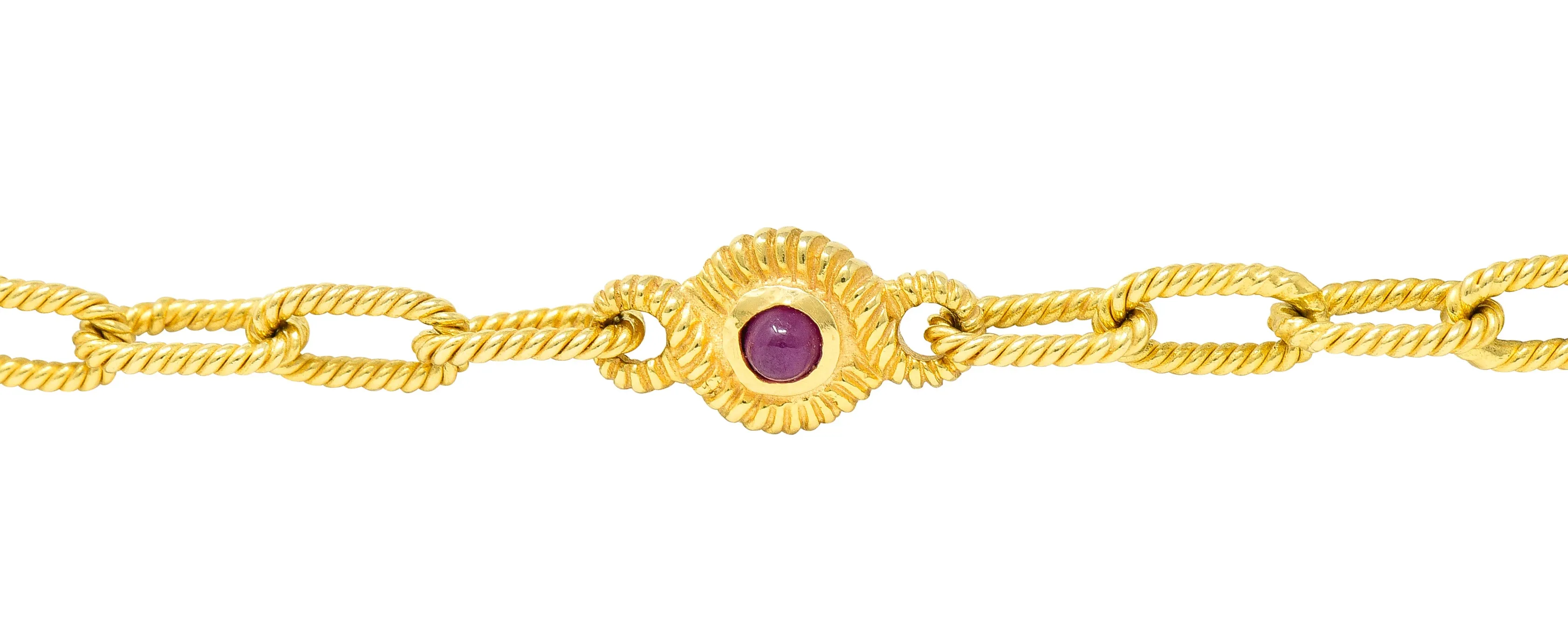 1980's Ruby Sapphire Cabochon 14 Karat Yellow Gold Twisted Rope Vintage Paperclip Chain Station Necklace Bracelet Set