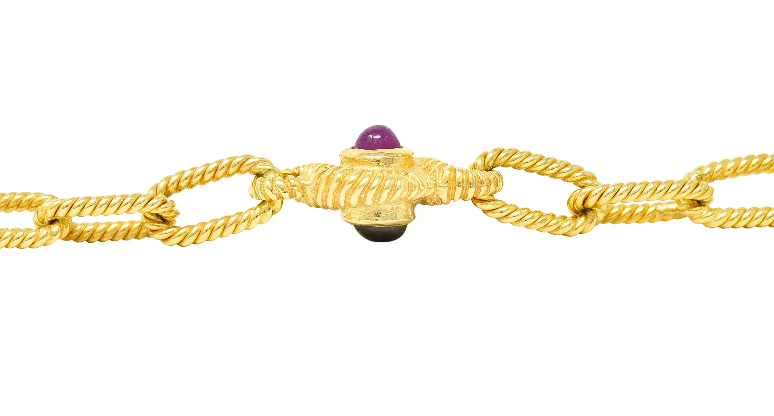 1980's Ruby Sapphire Cabochon 14 Karat Yellow Gold Twisted Rope Vintage Paperclip Chain Station Necklace Bracelet Set