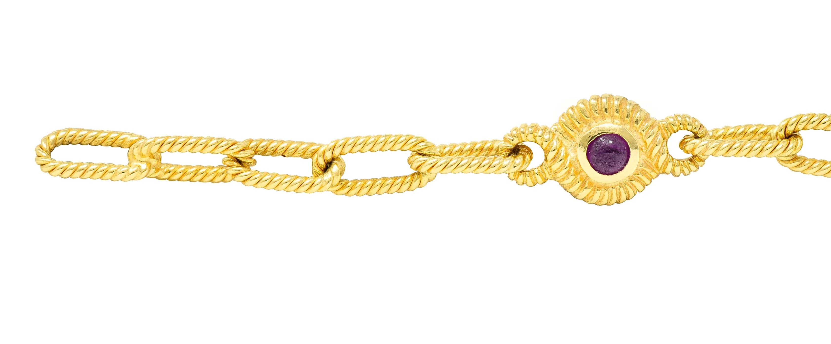 1980's Ruby Sapphire Cabochon 14 Karat Yellow Gold Twisted Rope Vintage Paperclip Chain Station Necklace Bracelet Set