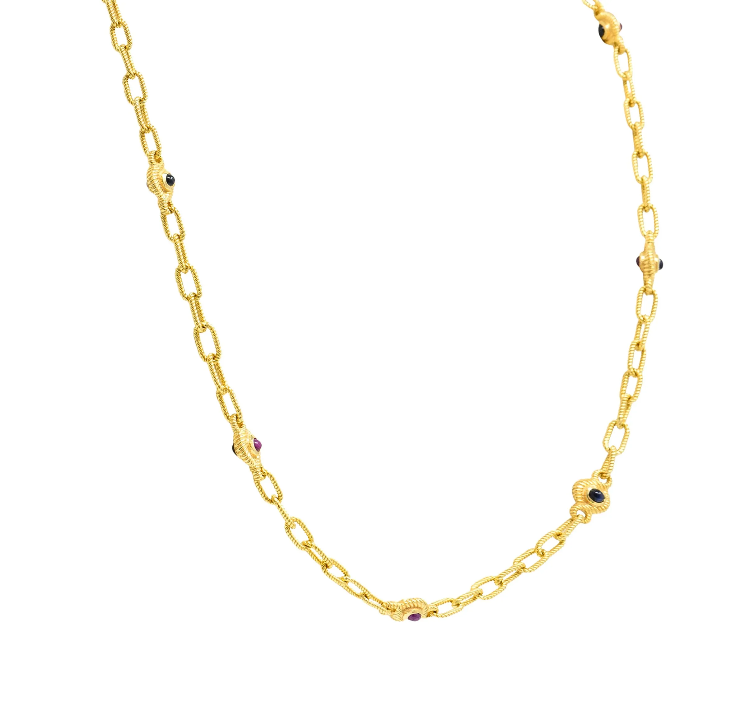 1980's Ruby Sapphire Cabochon 14 Karat Yellow Gold Twisted Rope Vintage Paperclip Chain Station Necklace Bracelet Set