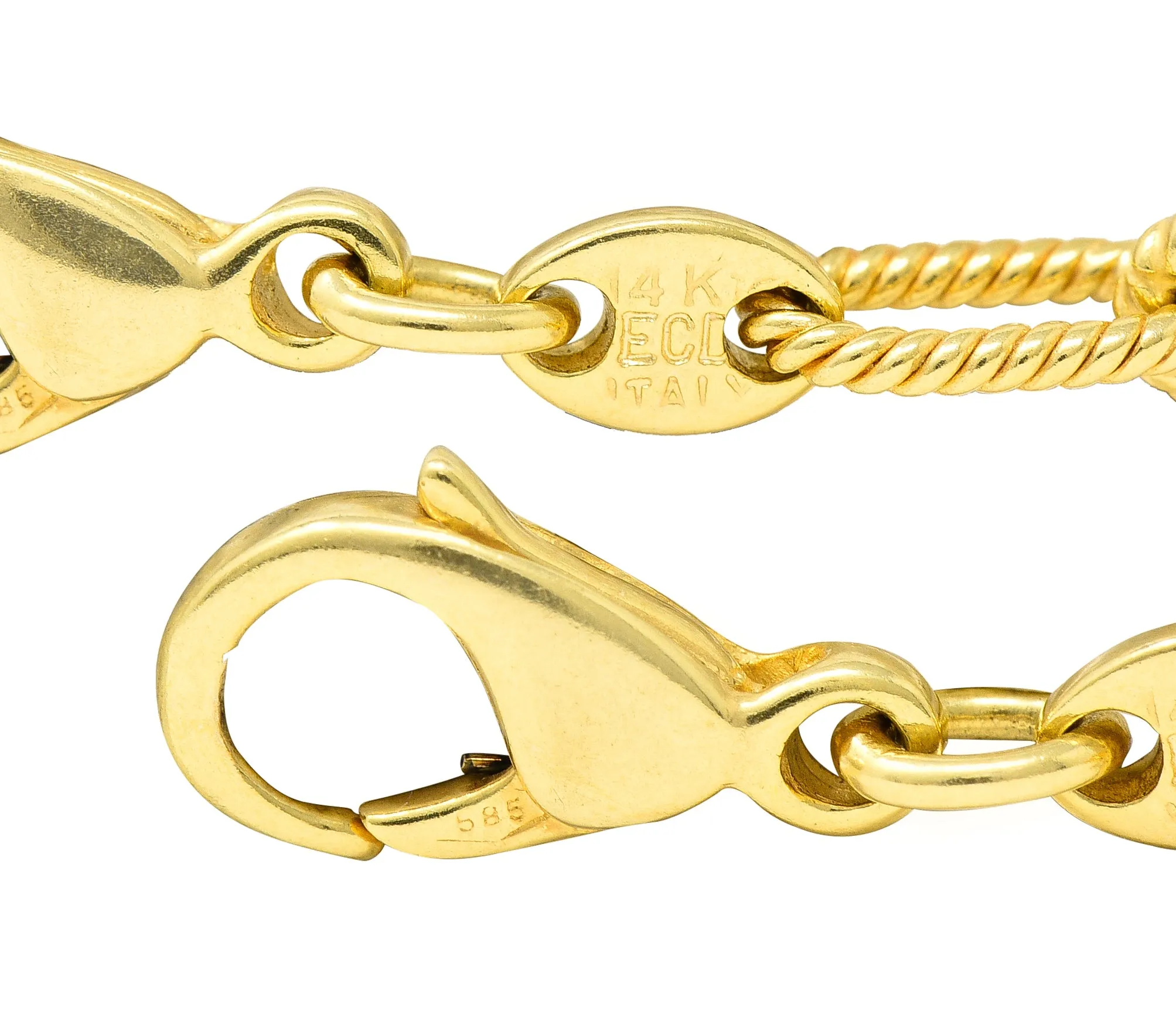 1980's Ruby Sapphire Cabochon 14 Karat Yellow Gold Twisted Rope Vintage Paperclip Chain Station Necklace Bracelet Set