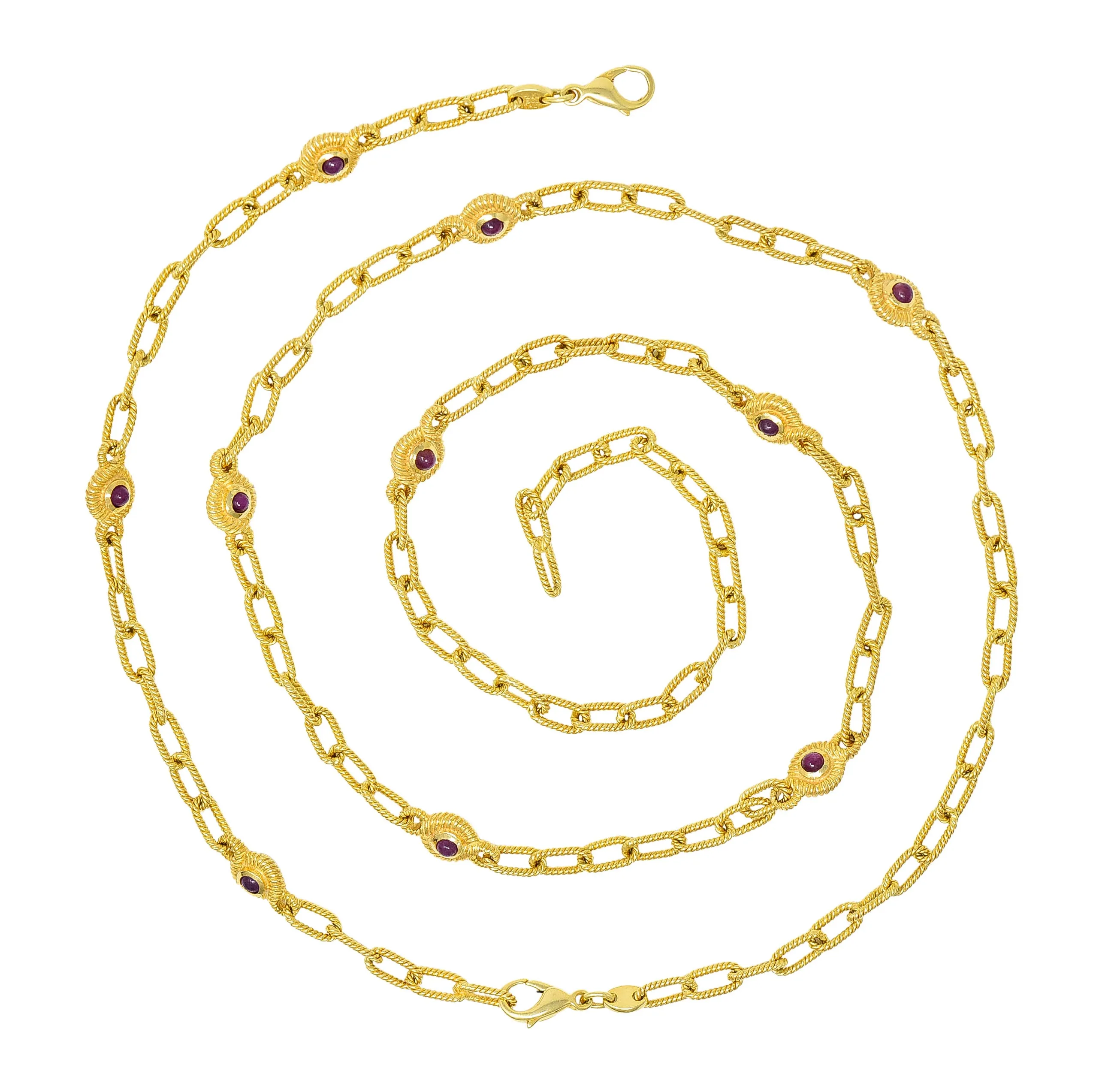 1980's Ruby Sapphire Cabochon 14 Karat Yellow Gold Twisted Rope Vintage Paperclip Chain Station Necklace Bracelet Set