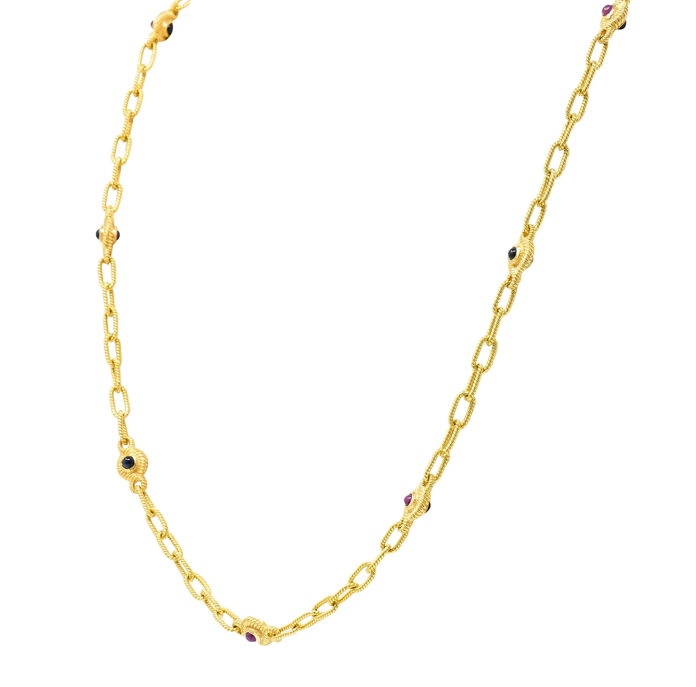 1980's Ruby Sapphire Cabochon 14 Karat Yellow Gold Twisted Rope Vintage Paperclip Chain Station Necklace Bracelet Set