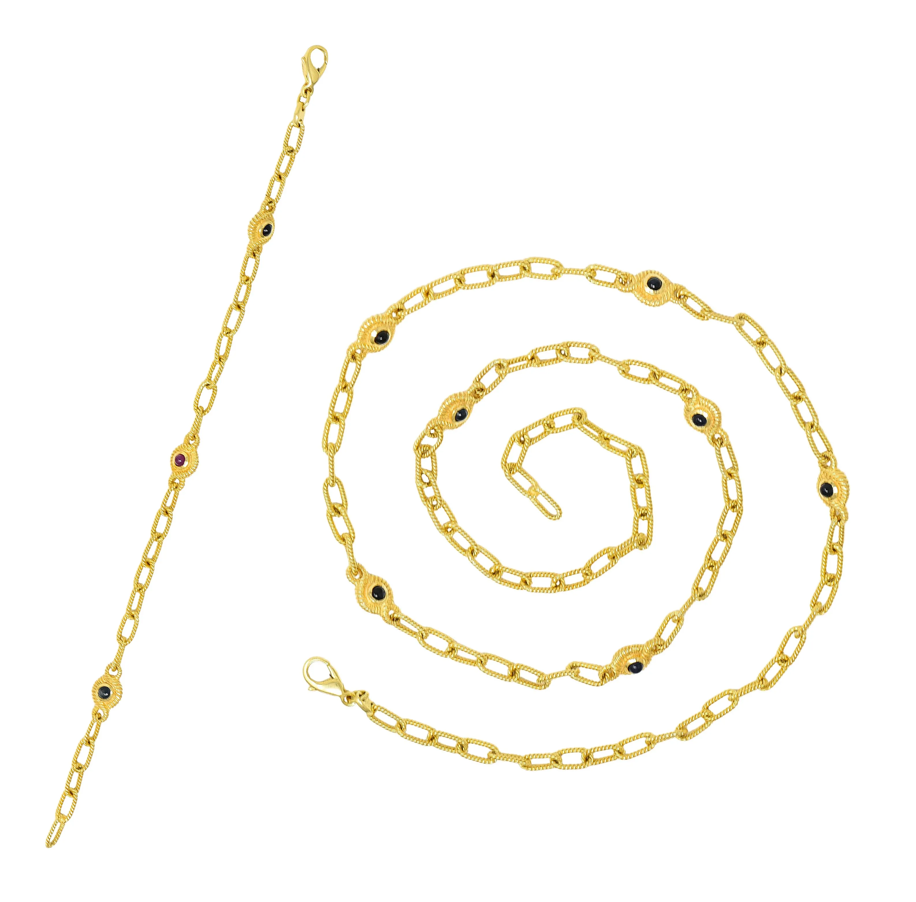 1980's Ruby Sapphire Cabochon 14 Karat Yellow Gold Twisted Rope Vintage Paperclip Chain Station Necklace Bracelet Set