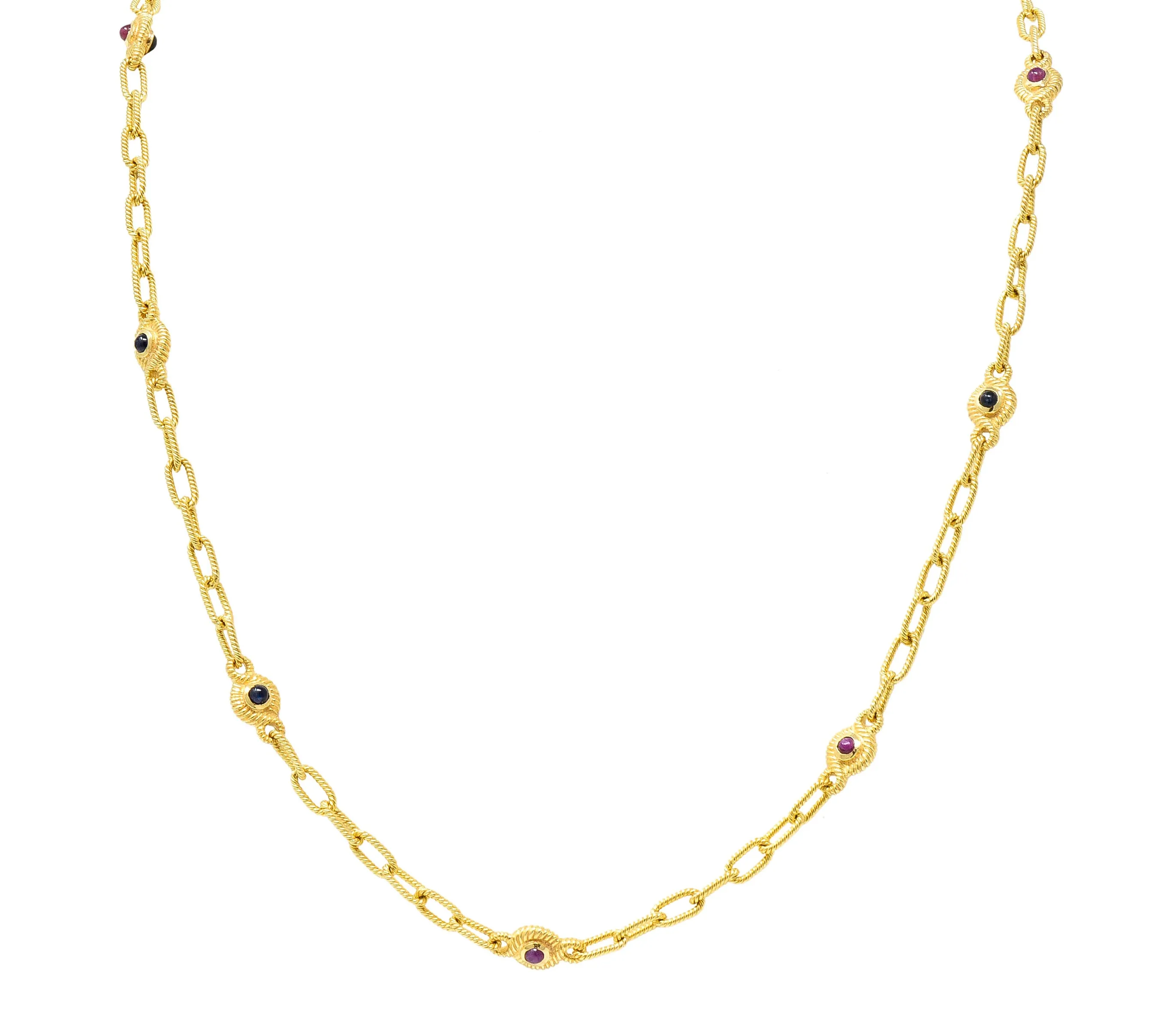 1980's Ruby Sapphire Cabochon 14 Karat Yellow Gold Twisted Rope Vintage Paperclip Chain Station Necklace Bracelet Set