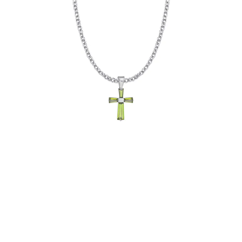3/4 Inch Sterling Silver and Glass Crystal August Birthstone Baguette Cross Necklace