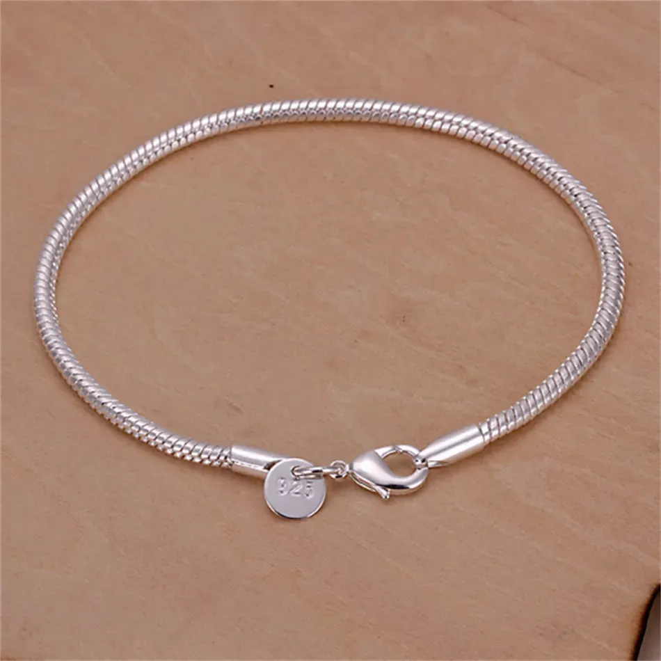 925 Sterling Silver Bracelet 3mm 8 Inch Snake Chain Bracelet For Women Men Wedding Party Fashion Charm Jewelry