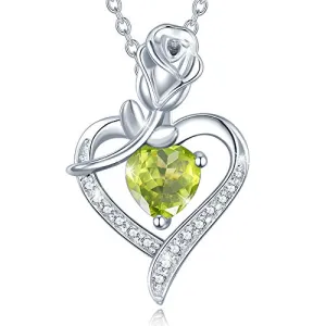 Agvana August Birthstone Jewelry Peridot Necklace for Women Sterling Silver Rose Flower Heart Pendant Necklace Fine Jewelry Anniversary Birthday Gifts for Women Girls Mom Wife Daughter Lady Her