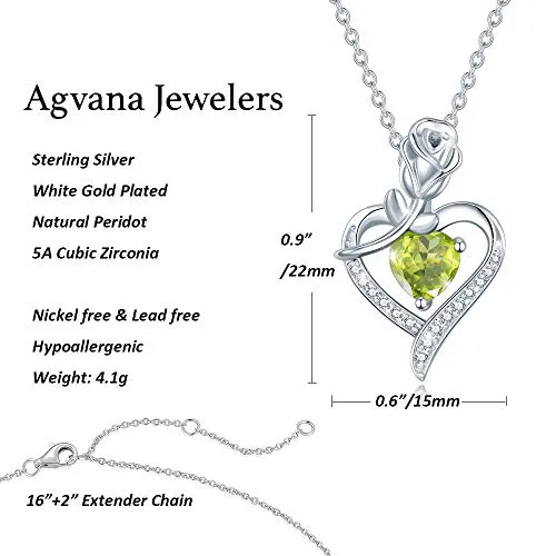 Agvana August Birthstone Jewelry Peridot Necklace for Women Sterling Silver Rose Flower Heart Pendant Necklace Fine Jewelry Anniversary Birthday Gifts for Women Girls Mom Wife Daughter Lady Her