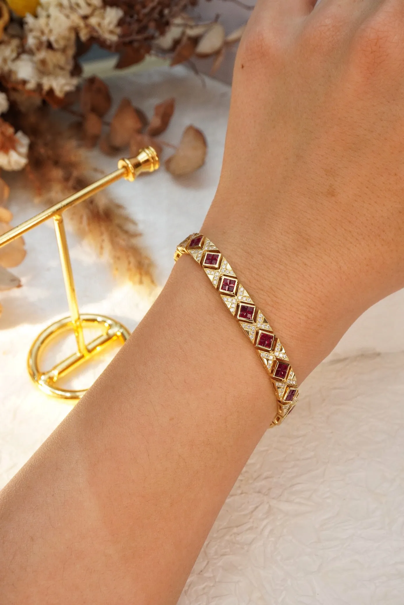 Art Deco 18K Solid Gold Genuine Ruby and Diamond Bracelet, Statement Bracelet