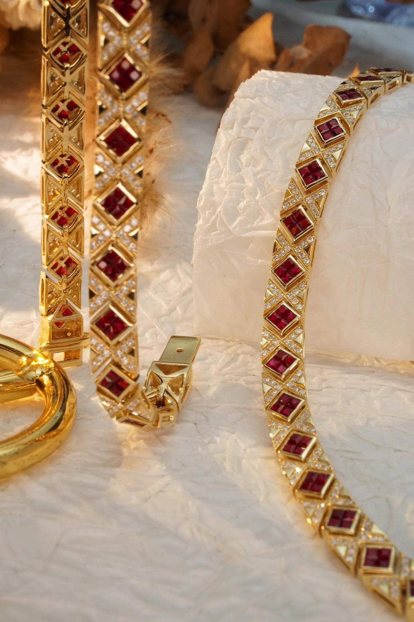 Art Deco 18K Solid Gold Genuine Ruby and Diamond Bracelet, Statement Bracelet