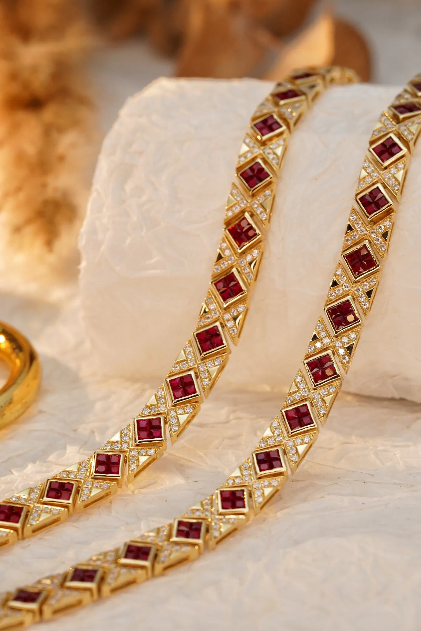Art Deco 18K Solid Gold Genuine Ruby and Diamond Bracelet, Statement Bracelet