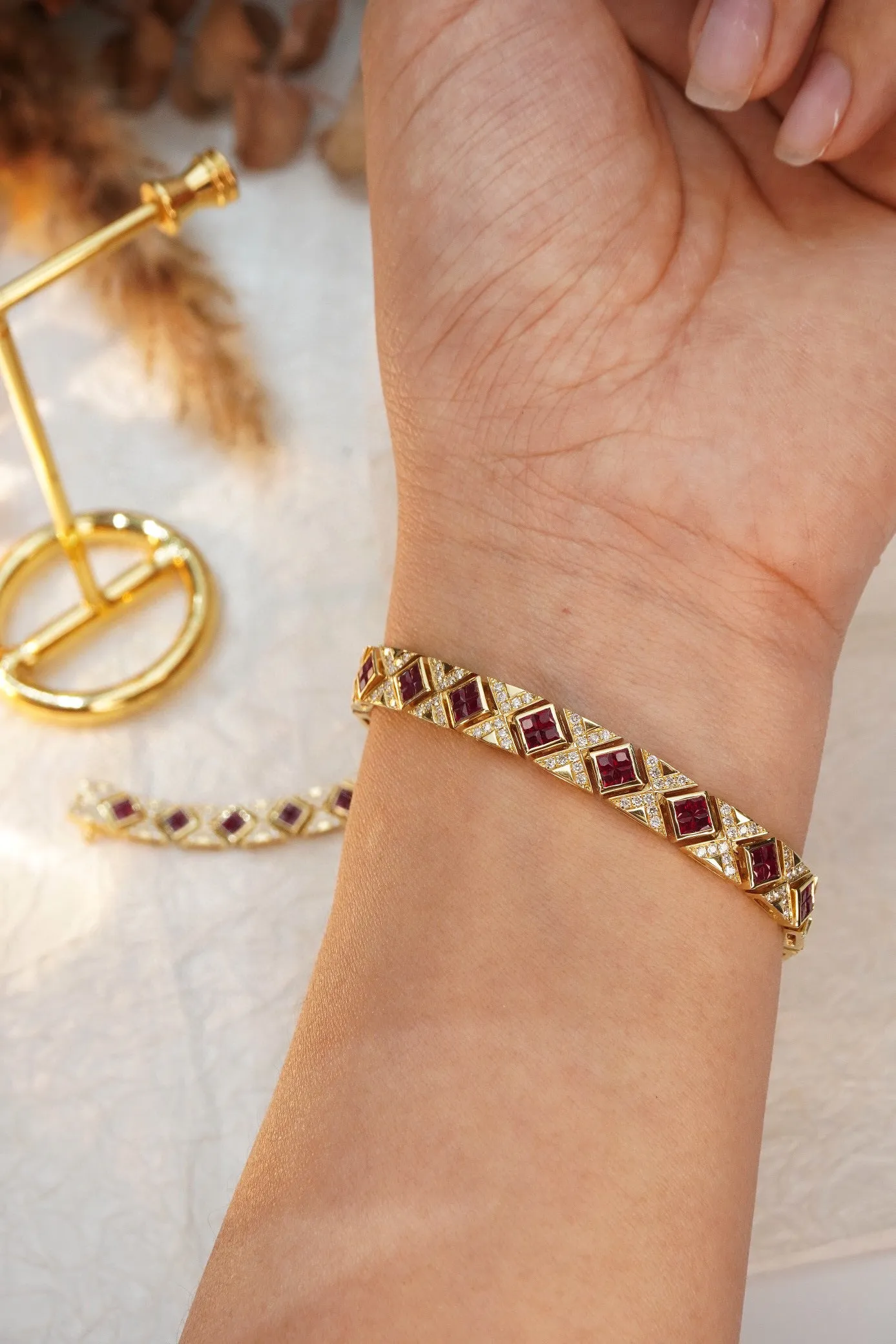 Art Deco 18K Solid Gold Genuine Ruby and Diamond Bracelet, Statement Bracelet
