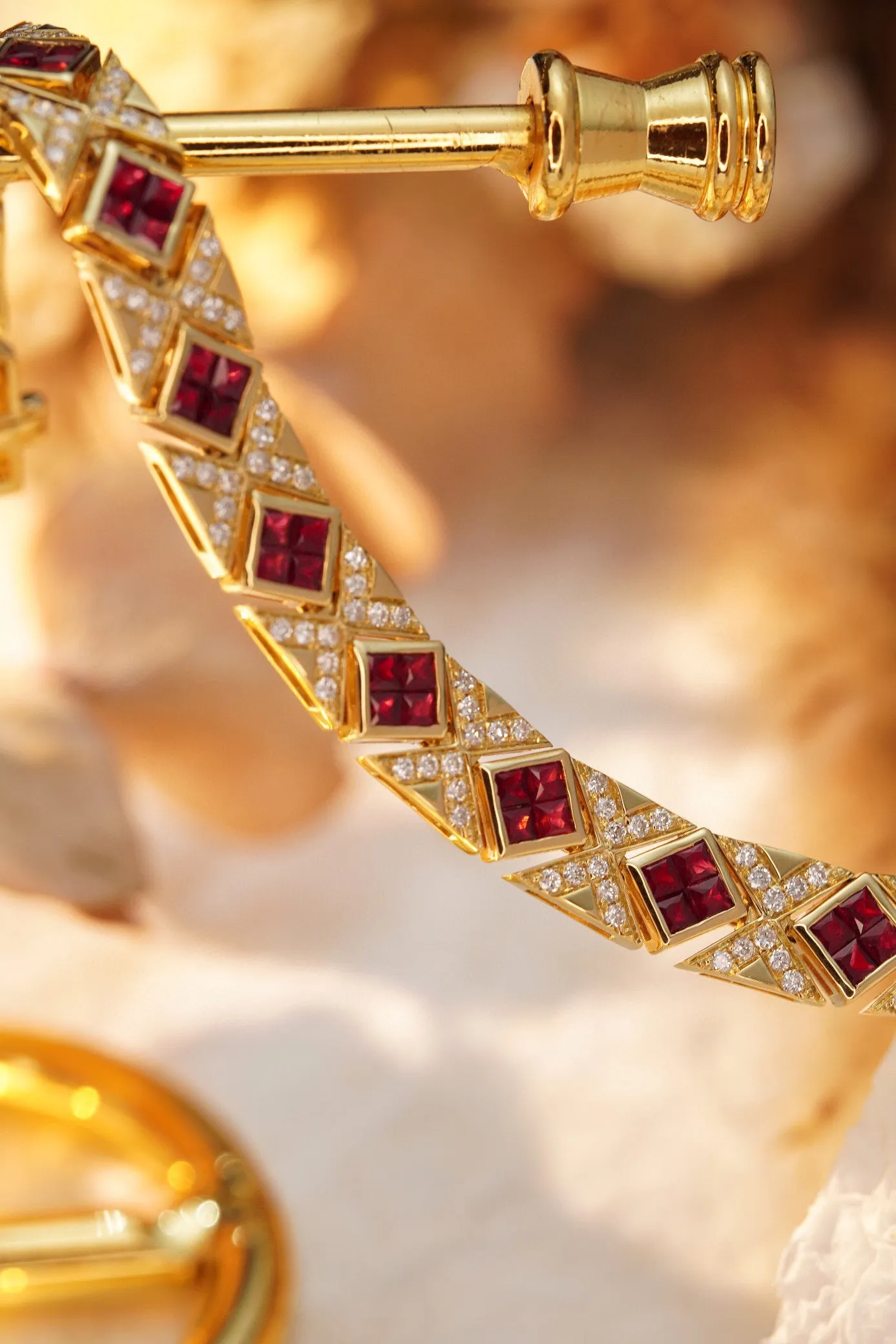 Art Deco 18K Solid Gold Genuine Ruby and Diamond Bracelet, Statement Bracelet