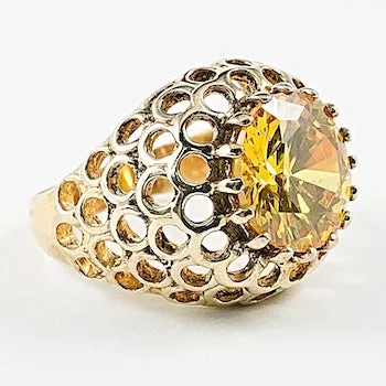 Beautiful Round Center Citrine CZ Gold Tone Silver Ring