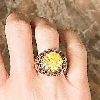 Beautiful Round Center Citrine CZ Gold Tone Silver Ring