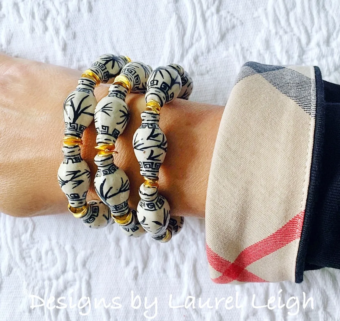 Chinoiserie Ginger Jar Beaded Bracelet - Black & White