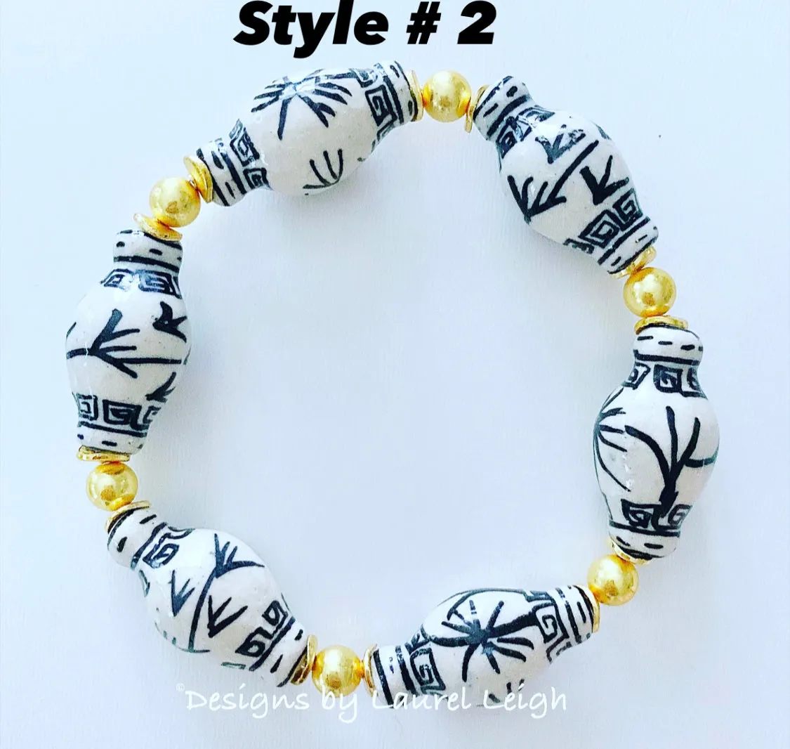 Chinoiserie Ginger Jar Beaded Bracelet - Black & White