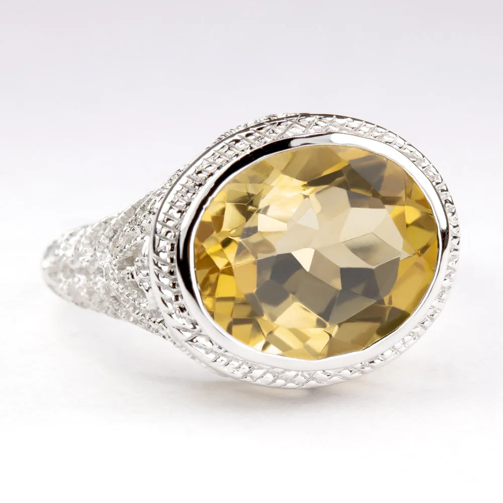 CITRINE STERLING SILVER RING VINTAGE STYLE EAST WEST OVAL FILIGREE YELLOW GEM