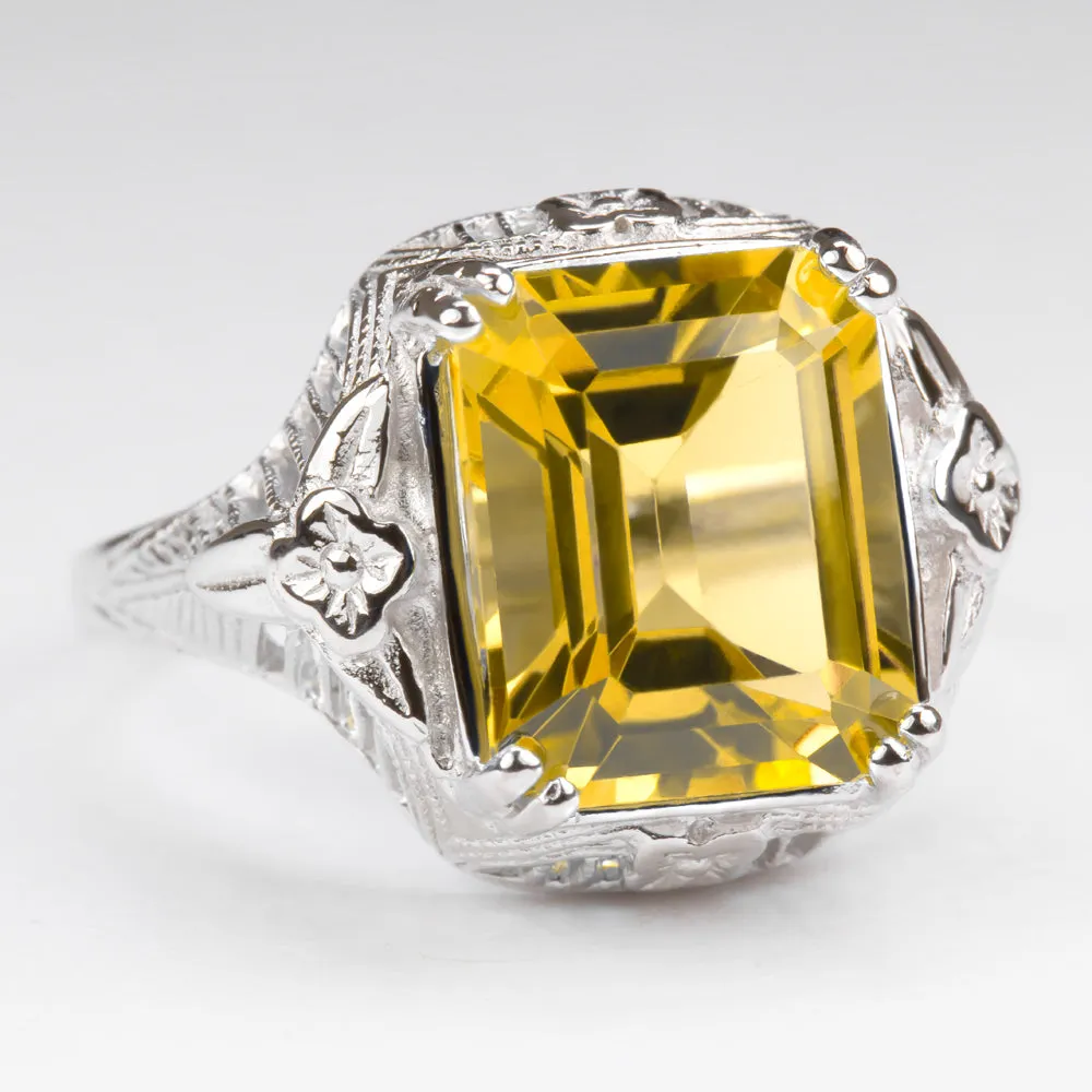 CITRINE STERLING SILVER VINTAGE STYLE RING ART DECO YELLOW EMERALD CUT FILIGREE