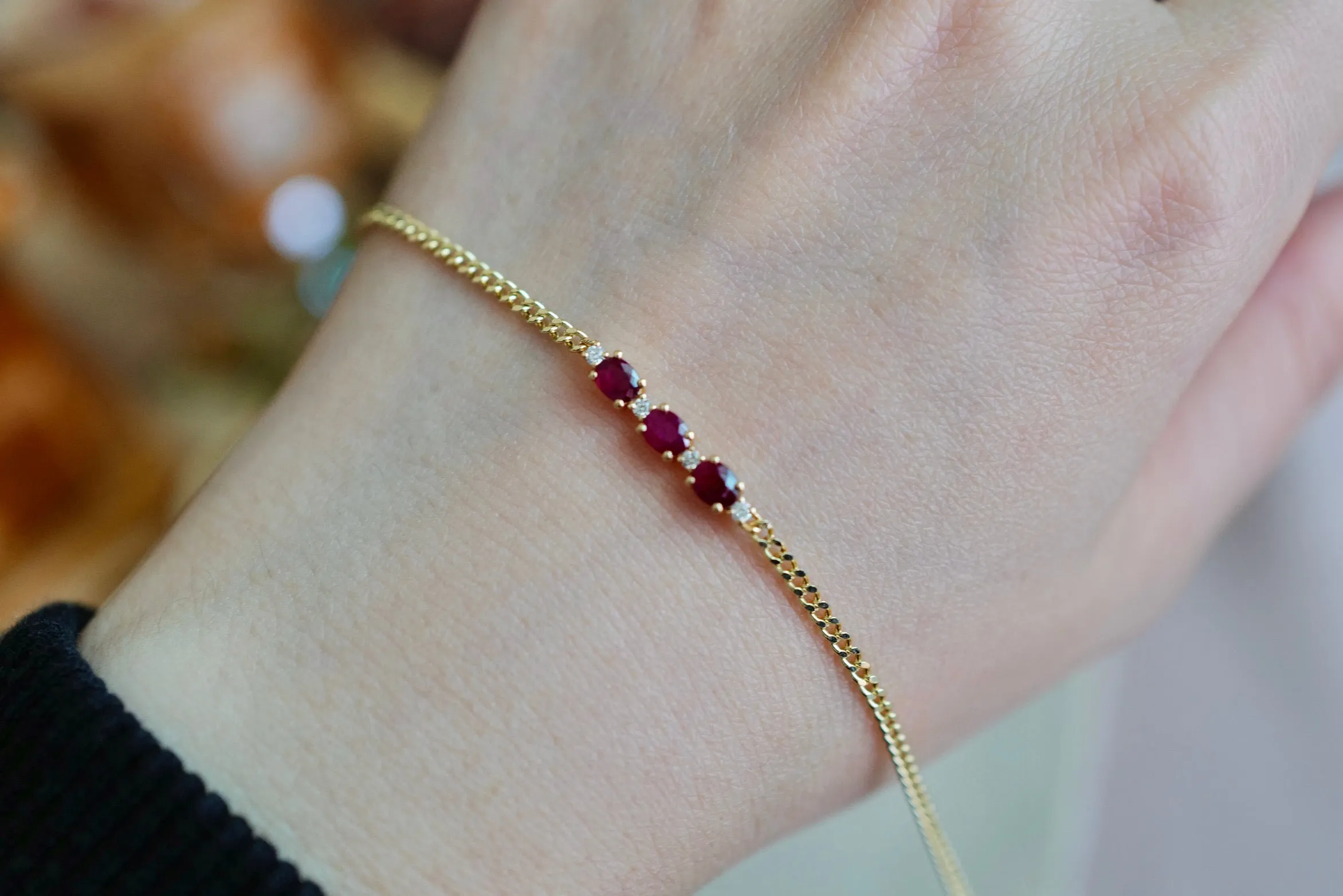 Classic Gold Ruby Diamond Bracelet/18K Solid Gold Natural Three Stones Ruby Bracelet/Ruby Diamond Cuban chain Bracelet/Engagement Bracelet