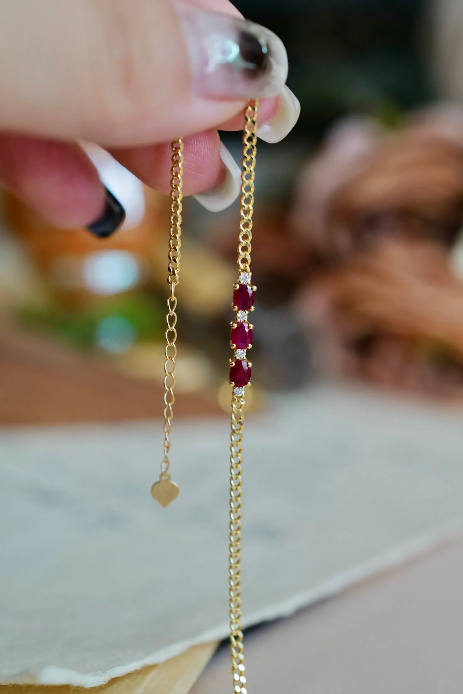 Classic Gold Ruby Diamond Bracelet/18K Solid Gold Natural Three Stones Ruby Bracelet/Ruby Diamond Cuban chain Bracelet/Engagement Bracelet