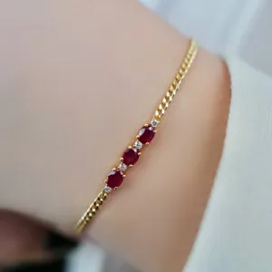 Classic Gold Ruby Diamond Bracelet/18K Solid Gold Natural Three Stones Ruby Bracelet/Ruby Diamond Cuban chain Bracelet/Engagement Bracelet
