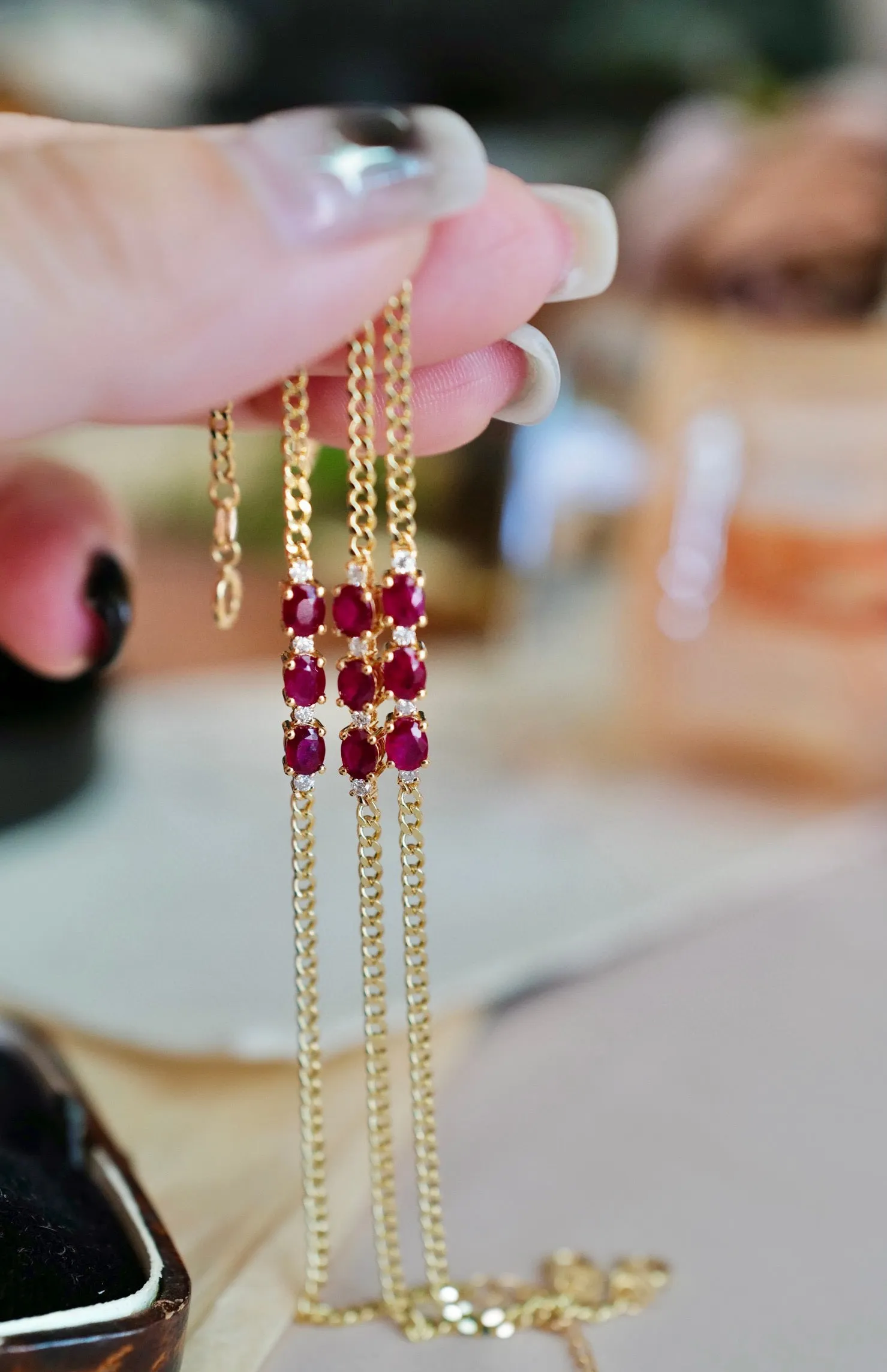 Classic Gold Ruby Diamond Bracelet/18K Solid Gold Natural Three Stones Ruby Bracelet/Ruby Diamond Cuban chain Bracelet/Engagement Bracelet