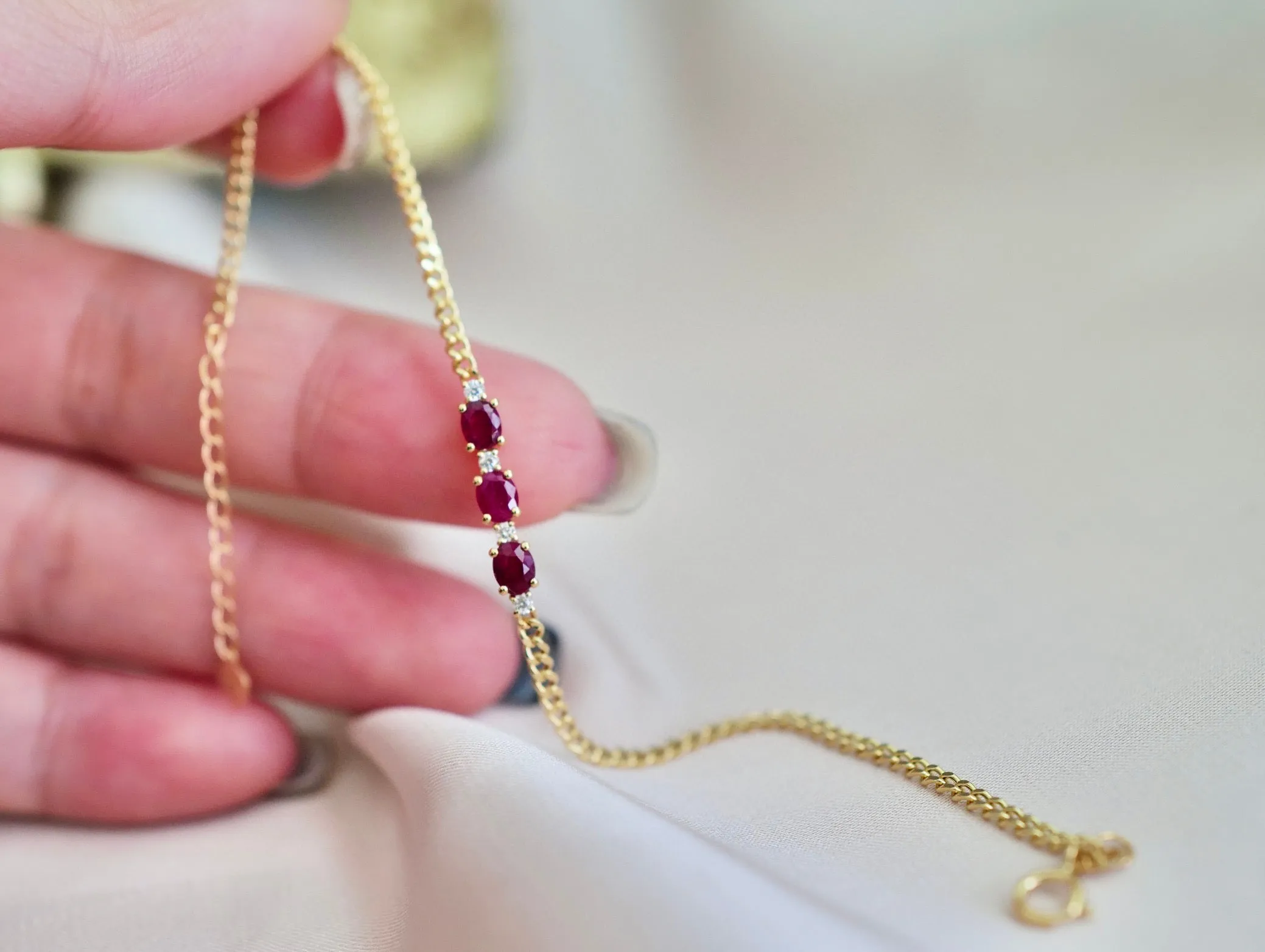 Classic Gold Ruby Diamond Bracelet/18K Solid Gold Natural Three Stones Ruby Bracelet/Ruby Diamond Cuban chain Bracelet/Engagement Bracelet