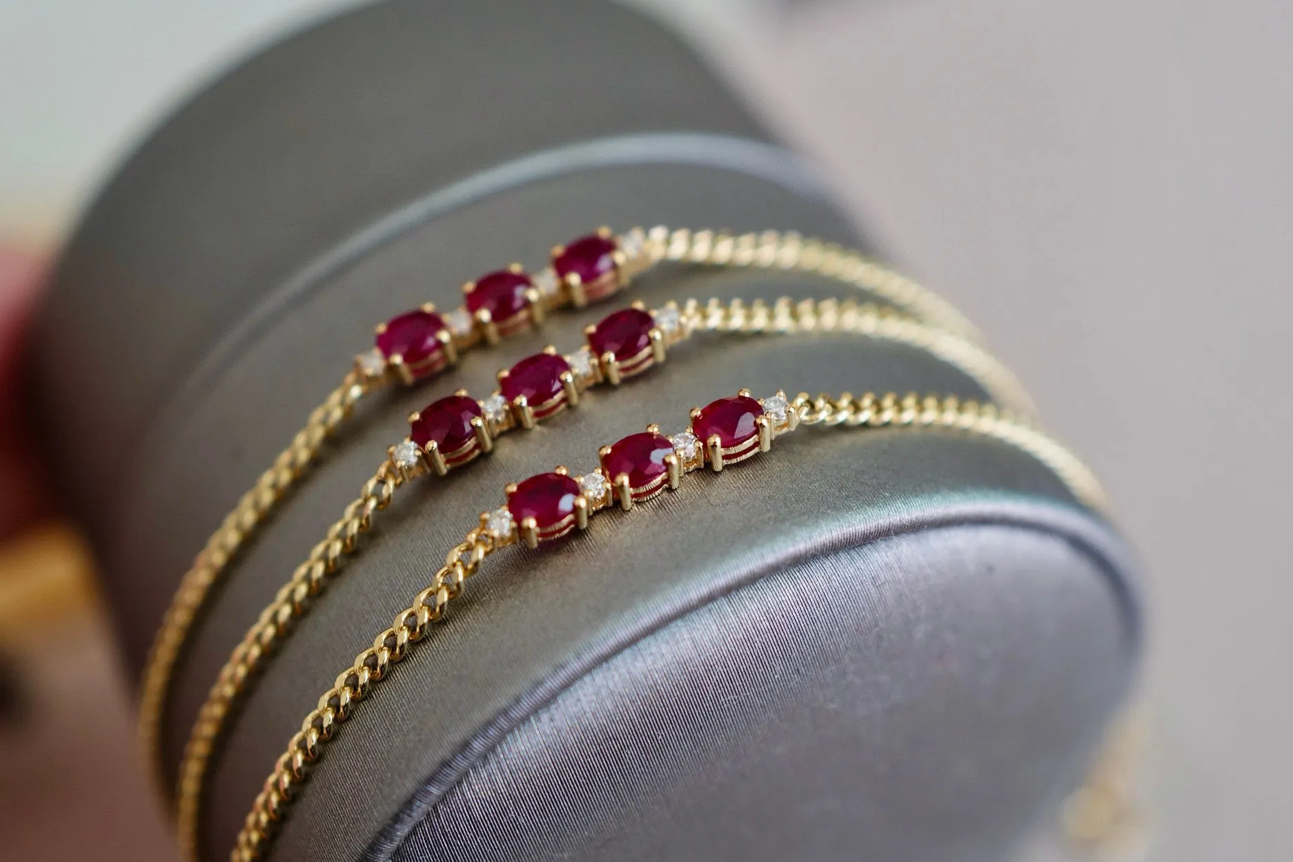 Classic Gold Ruby Diamond Bracelet/18K Solid Gold Natural Three Stones Ruby Bracelet/Ruby Diamond Cuban chain Bracelet/Engagement Bracelet