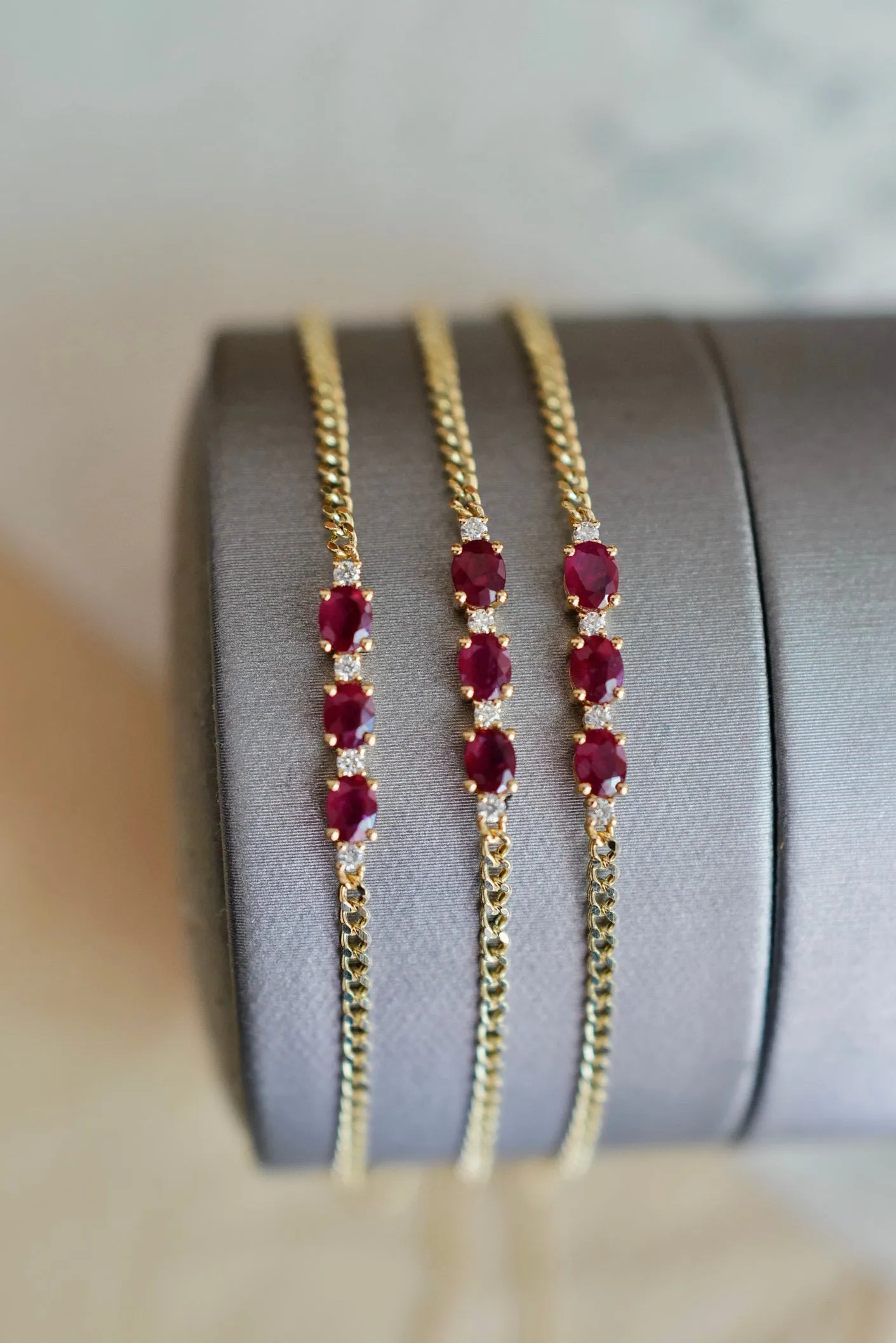 Classic Gold Ruby Diamond Bracelet/18K Solid Gold Natural Three Stones Ruby Bracelet/Ruby Diamond Cuban chain Bracelet/Engagement Bracelet