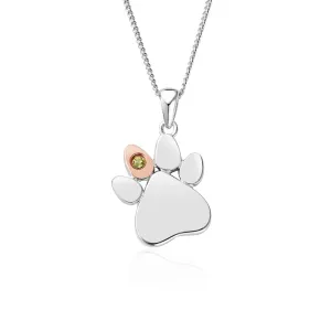 Clogau Paw Prints On My Heart Sterling Silver August Birthstone Peridot Necklace
