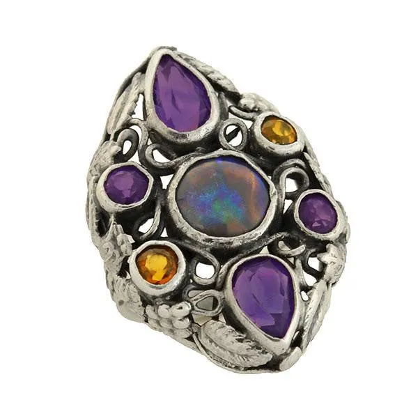 Early Retro Large Sterling Multi Gemstone Cluster Ring