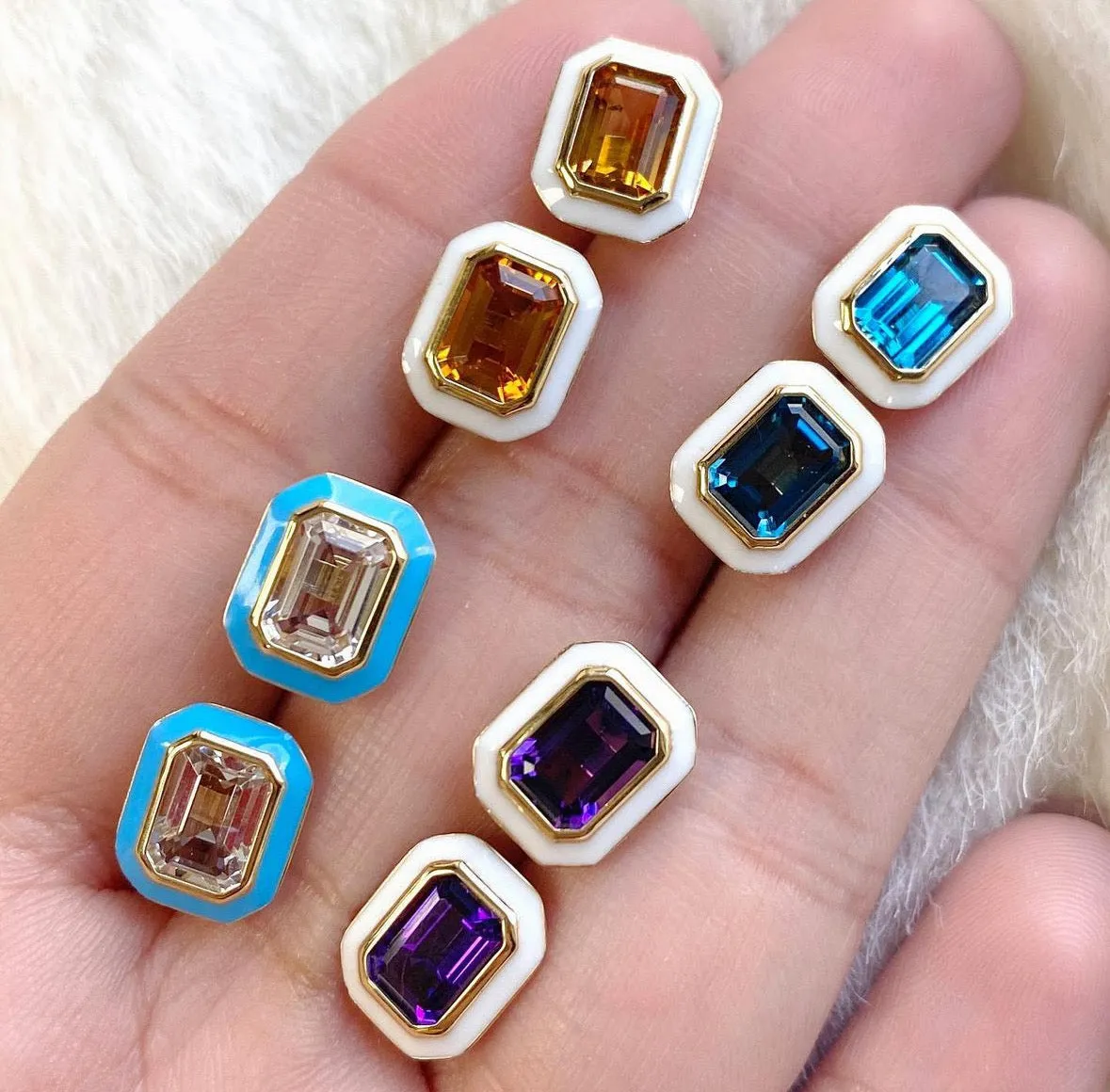Emerald-Cut Stone Studs with White Enamel